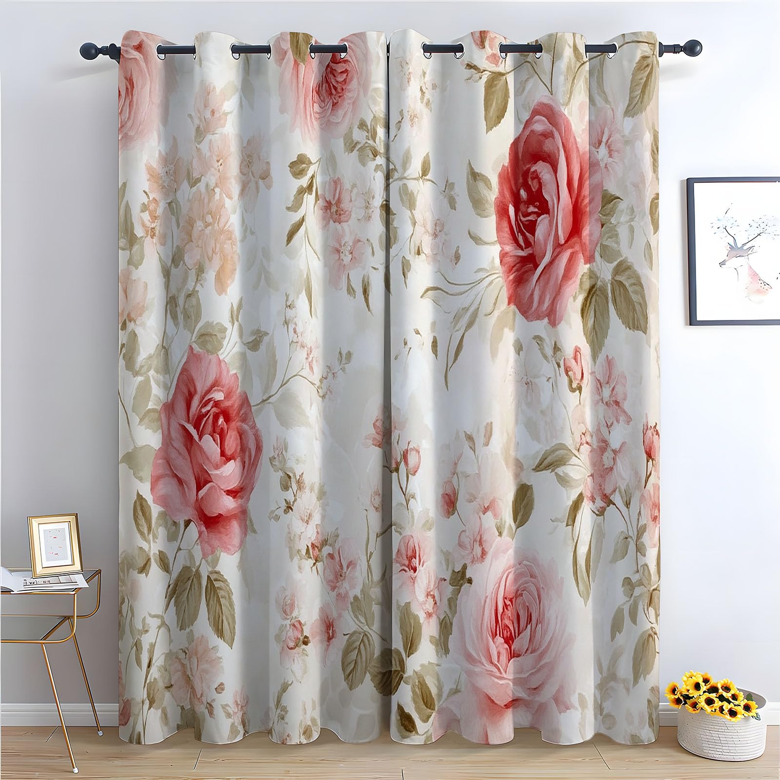 WIKEO Curtains for Living Room Vintage Floral Pattern Blackout Grommet Drapes Printed Pattern Floral Window Curtain Panels for Bedroom Aesthetic, 2 Panels Set-52 W x 96" L (Pack of 2)