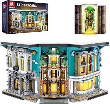 Reobrix Streetscape Book Nook Building Toy Set with Lights, Creative Street View Architecture Bookends Kit, 66032 Home Decor Booknook Model, Puzzle Gift for Adults Boys Girls 14+ 2899PCS