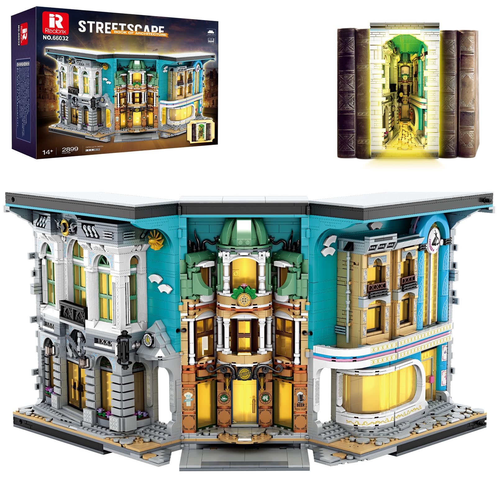 Reobrix Streetscape Book Nook Building Toy Set with Lights, Creative Street View Architecture Bookends Kit, 66032 Home Decor Booknook Model, Puzzle Gift for Adults Boys Girls 14+ (2899PCS) — image 1