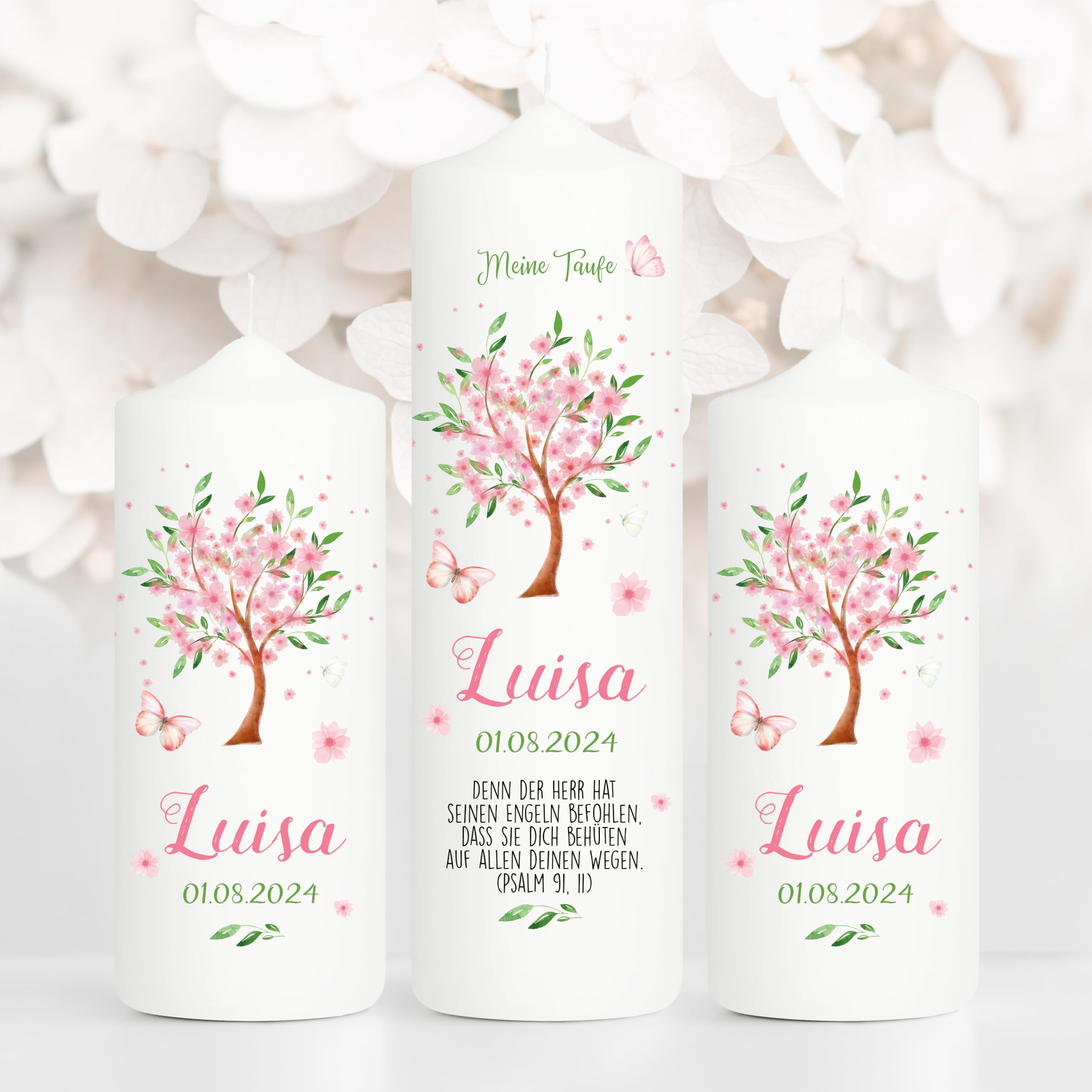 Wandtattoo Loft Taufkerze Mädchen oder Junge mit Taufspruch + 2 Patenkerzen, Motiv Baum mit Blüten, 25cm x 7cm, personalisierte Kerze, bedruckte Kerze Taufe, Stumpenkerze zur Taufe, Taufgeschenk
