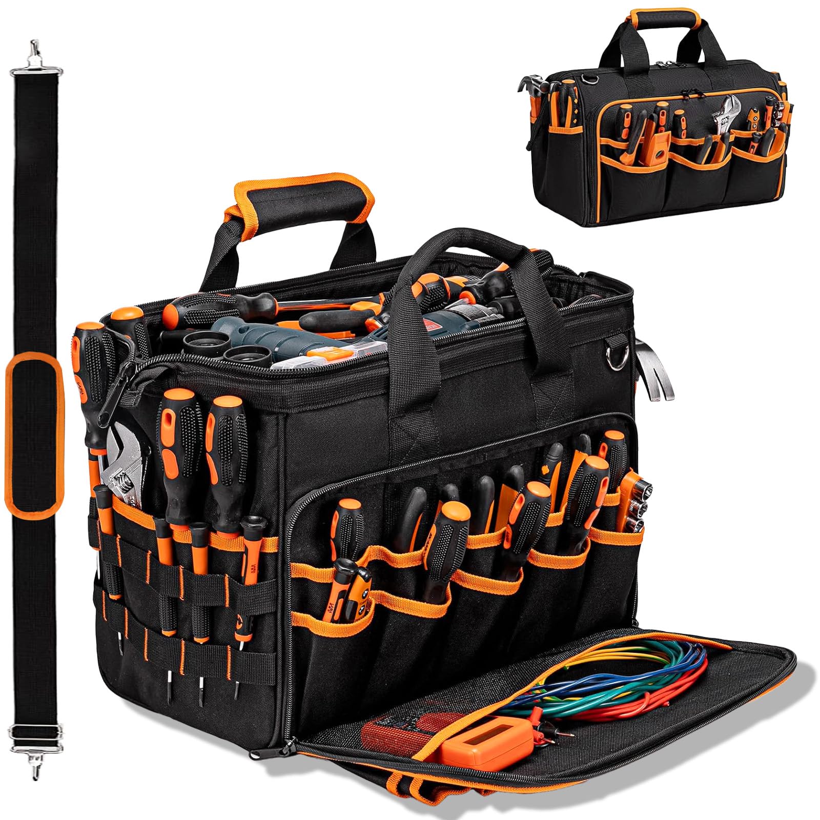 Sac à Outils 17 Pouces, 42 Poches Sacoche Outils Vide, avec Bandoulière Réglable et Base Étanche, pour Bricolage et Rangement, pour Papa Homme Mécanicien électricien(Sac Uniquement)