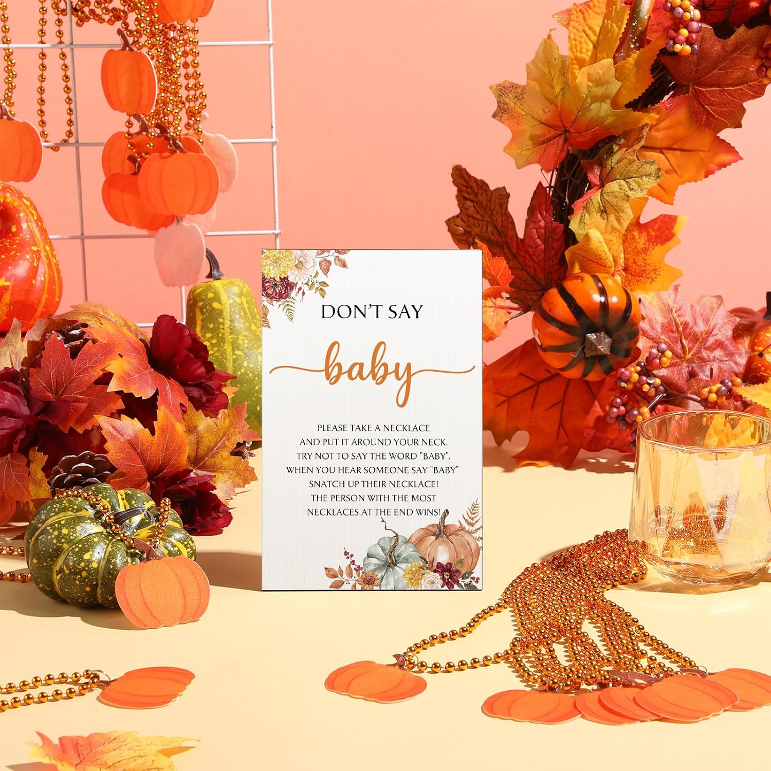 Roowest 51 Don't Say Baby Shower Game Including Autumn Pumpkin Baby Game Sign Wooden Pumpkin Table Sign and 50 Felt Pumpkin Necklaces Gifts for Gender Reveal Party Favors Baby Shower Prizes