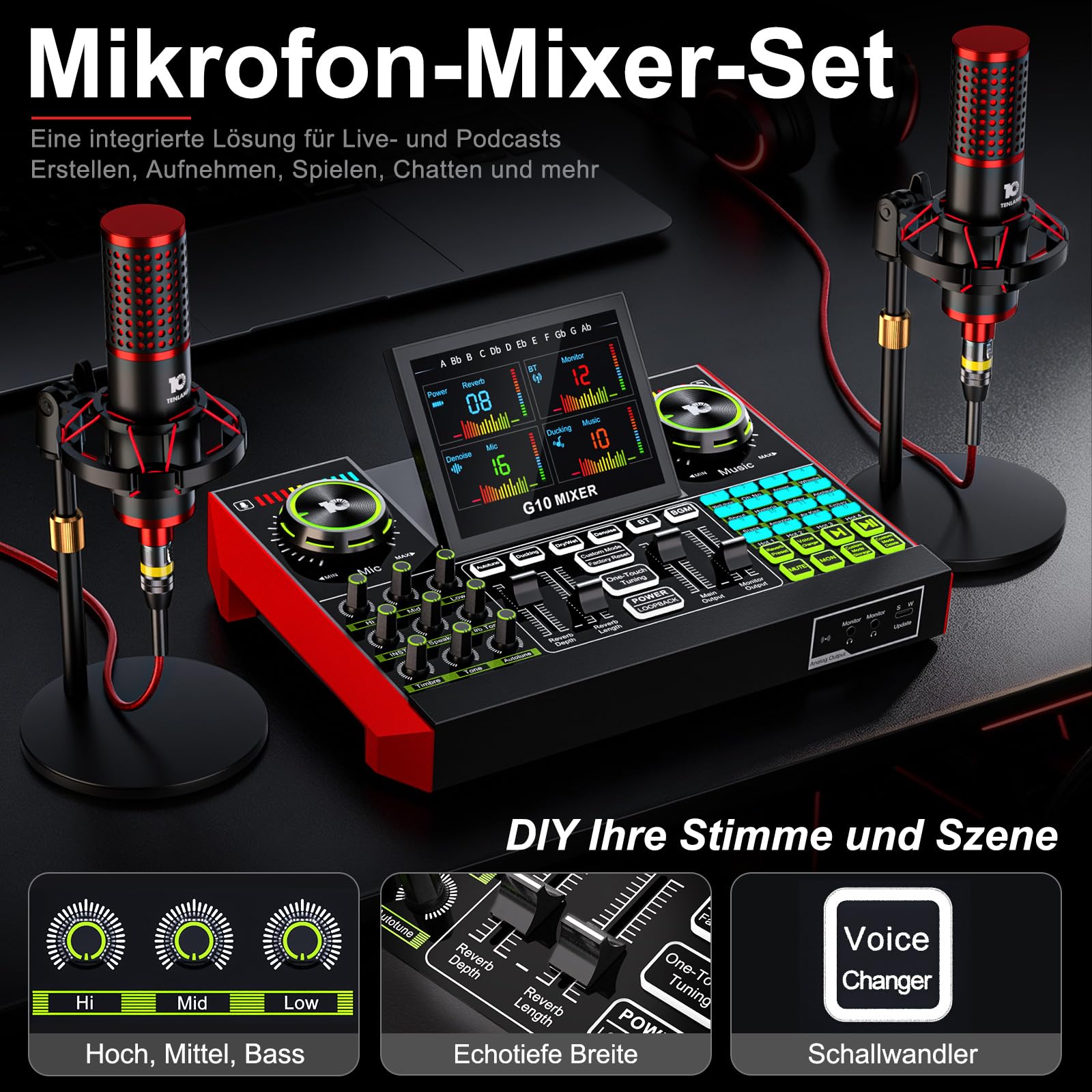 G10 Podcast Mikrofon Set mit 2 Mikrofonen, Audio Interface | Podcast Equipment Bundle mit G10 Audio Interface, Dual-Mikrofon Setup & DSP Rauschunterdrückung für Podcasts und Streaming