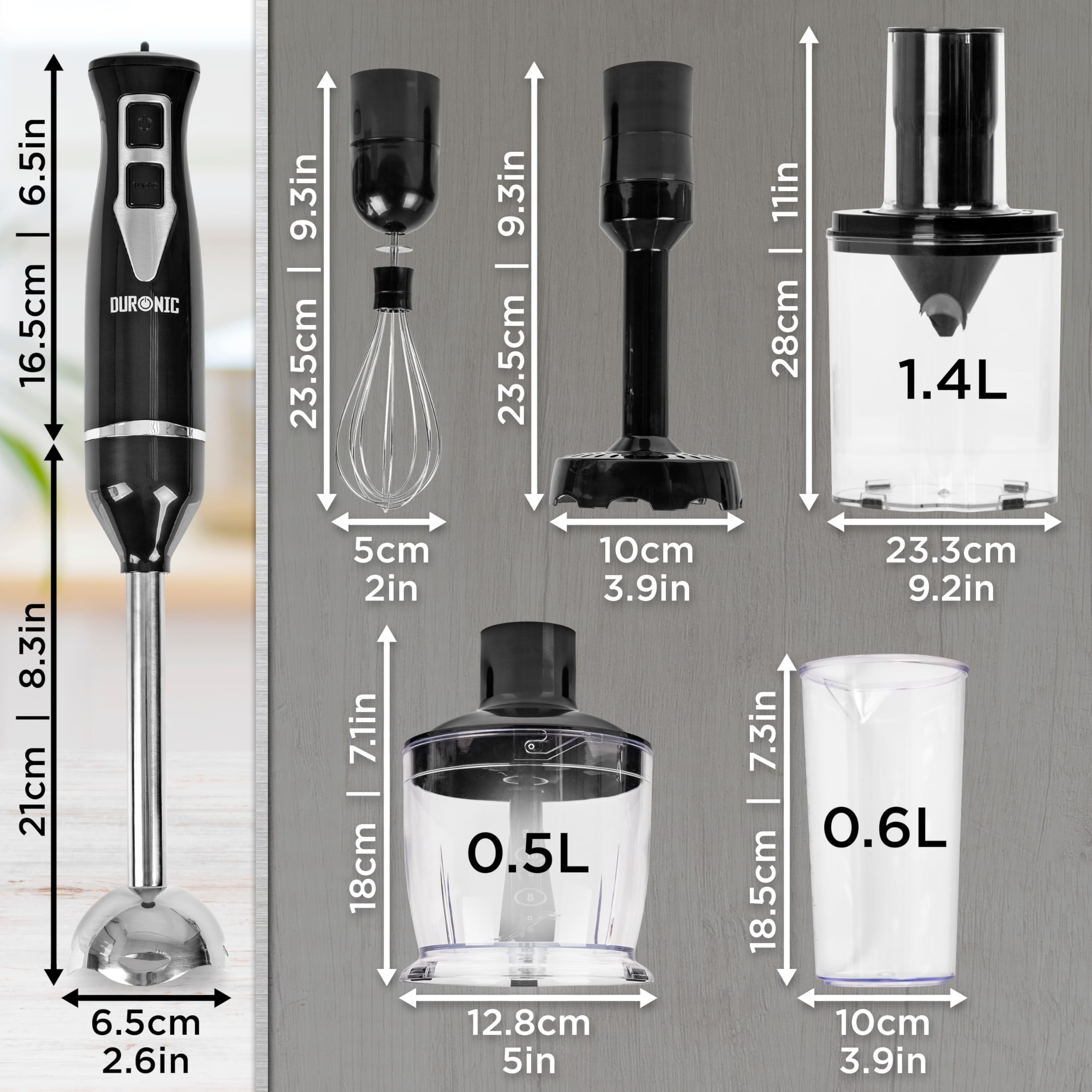Duronic HB35 Elektryczny blender ręczny imersyjny do zup smoothie koktajli trzepaczka do jajek mikser z blenderem spiralizer do warzyw szatkownica