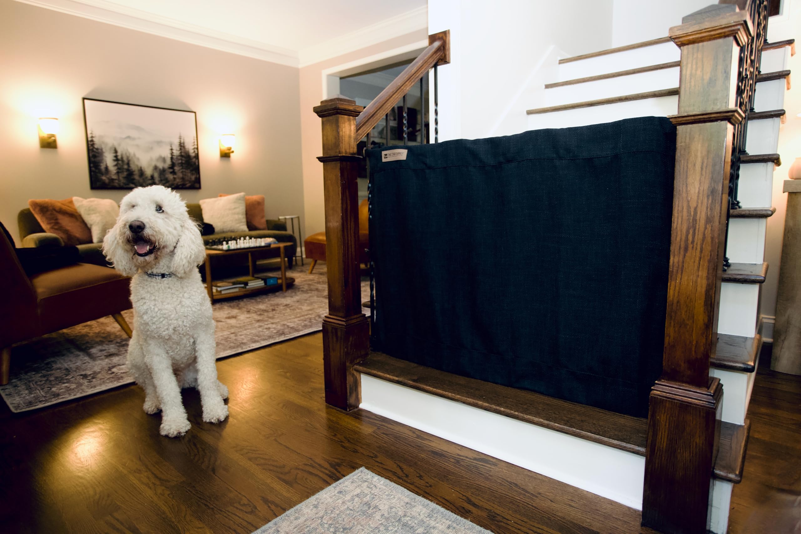 The Stair Barrier First Fabric Banister to Banister Baby Gates for Stairs 42”–52” Wide x 32” Tall– No Drill Baby Gate for Top or Bottom Staircase,