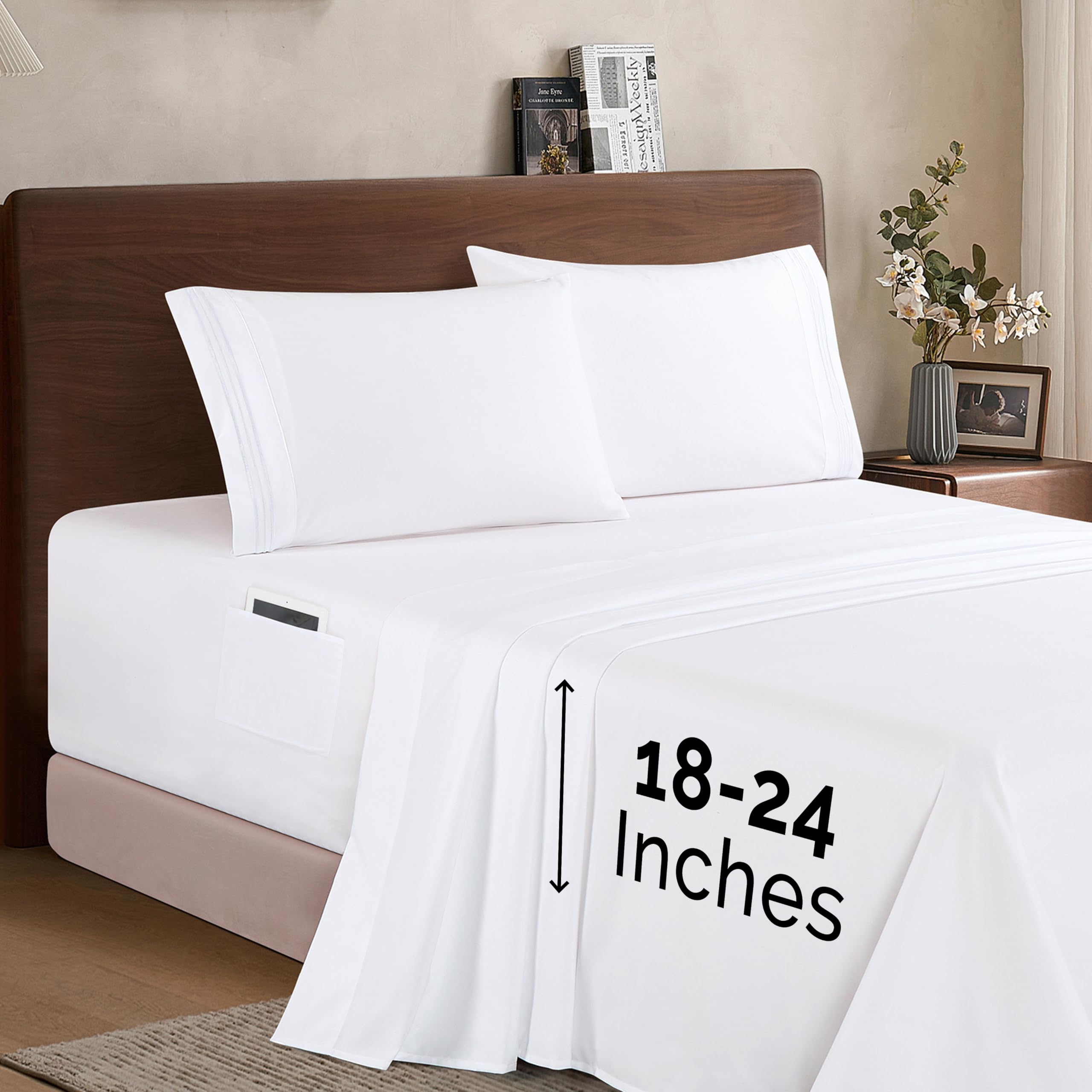 Elegant Comfort Luxury 1500 Premium Hotel Quality Microfiber 4-Piece Sheet Set - Soft, All Around Elastic 18-24 Inches Deep Fitted Sheet - Extra Deep Pocket Sheets, Queen, White