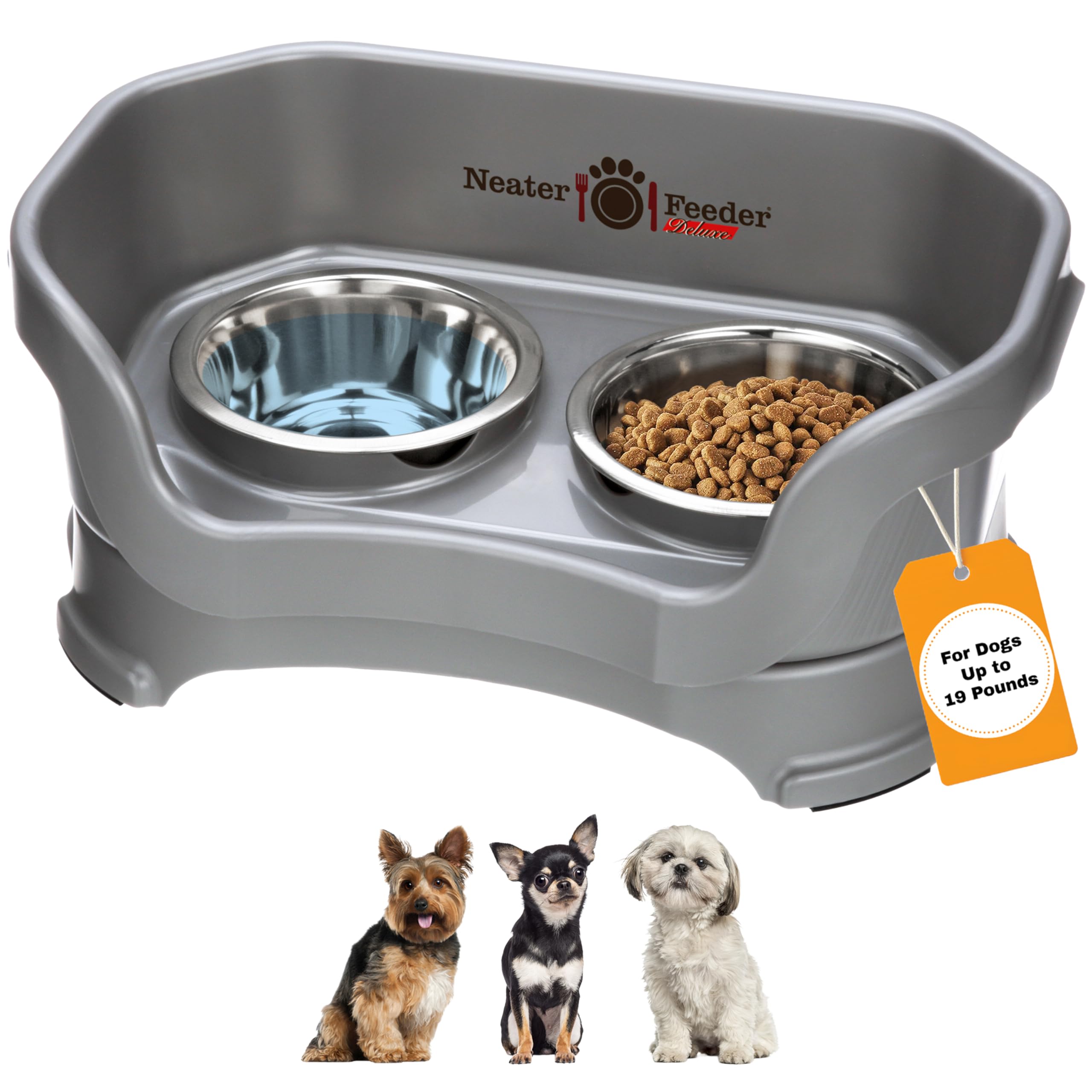 Neater Feeder - Deluxe Model - Mess-Proof Dog Bowls (Small, Gunmetal) - Made in USA - Elevated, No Spill, Non-Tip, Non-Slip, Raised Stainless Steel Food & Water Pet Bowls