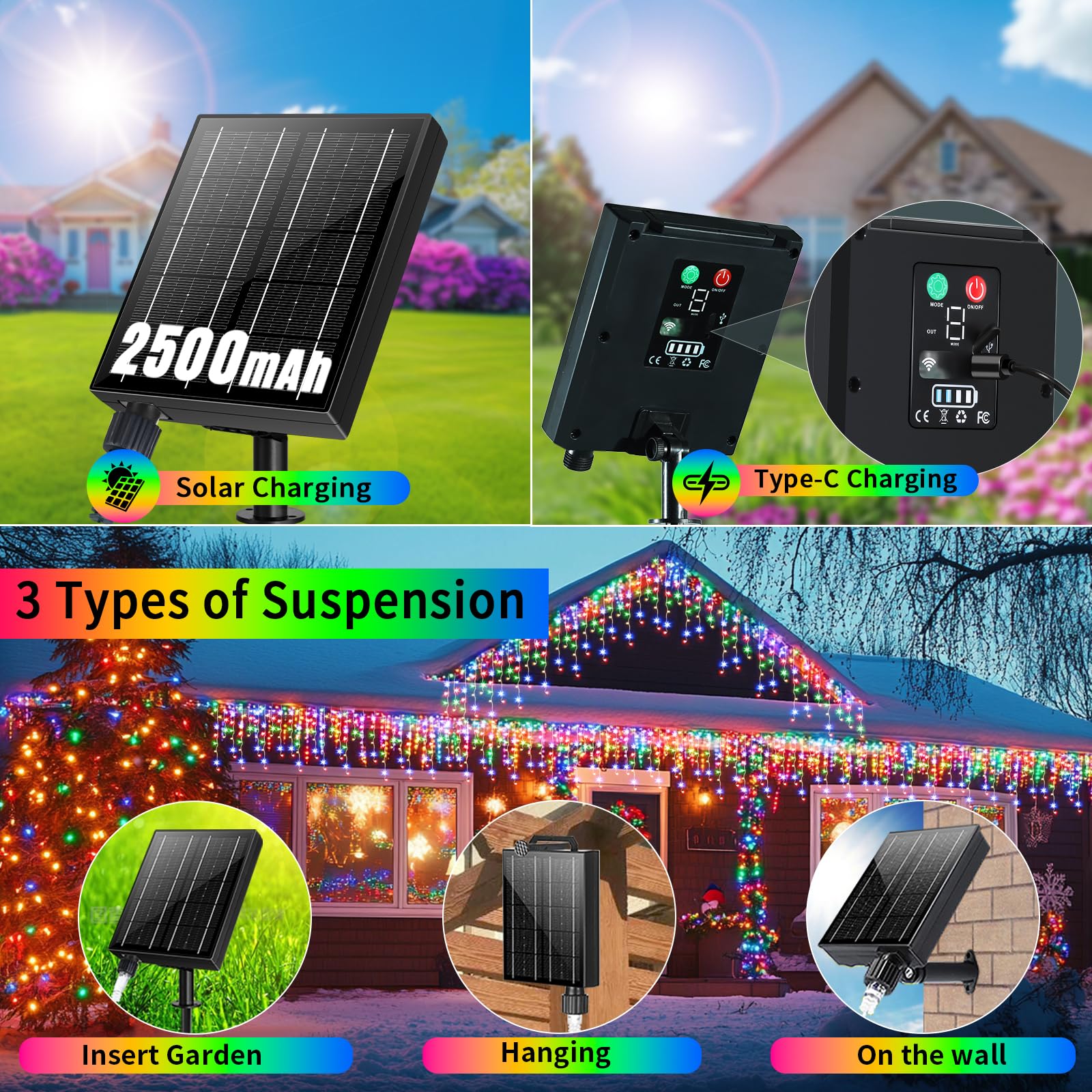 RJEDL 2500mAh Solar Luci di Natale da Esterno, 18+5M 600LED 3 In 1 Impermeabile LED Tenda Luci Natale Esterno, Con 8 Modalità & Timer e Memoria Luci di Natale da Esterno Colorate