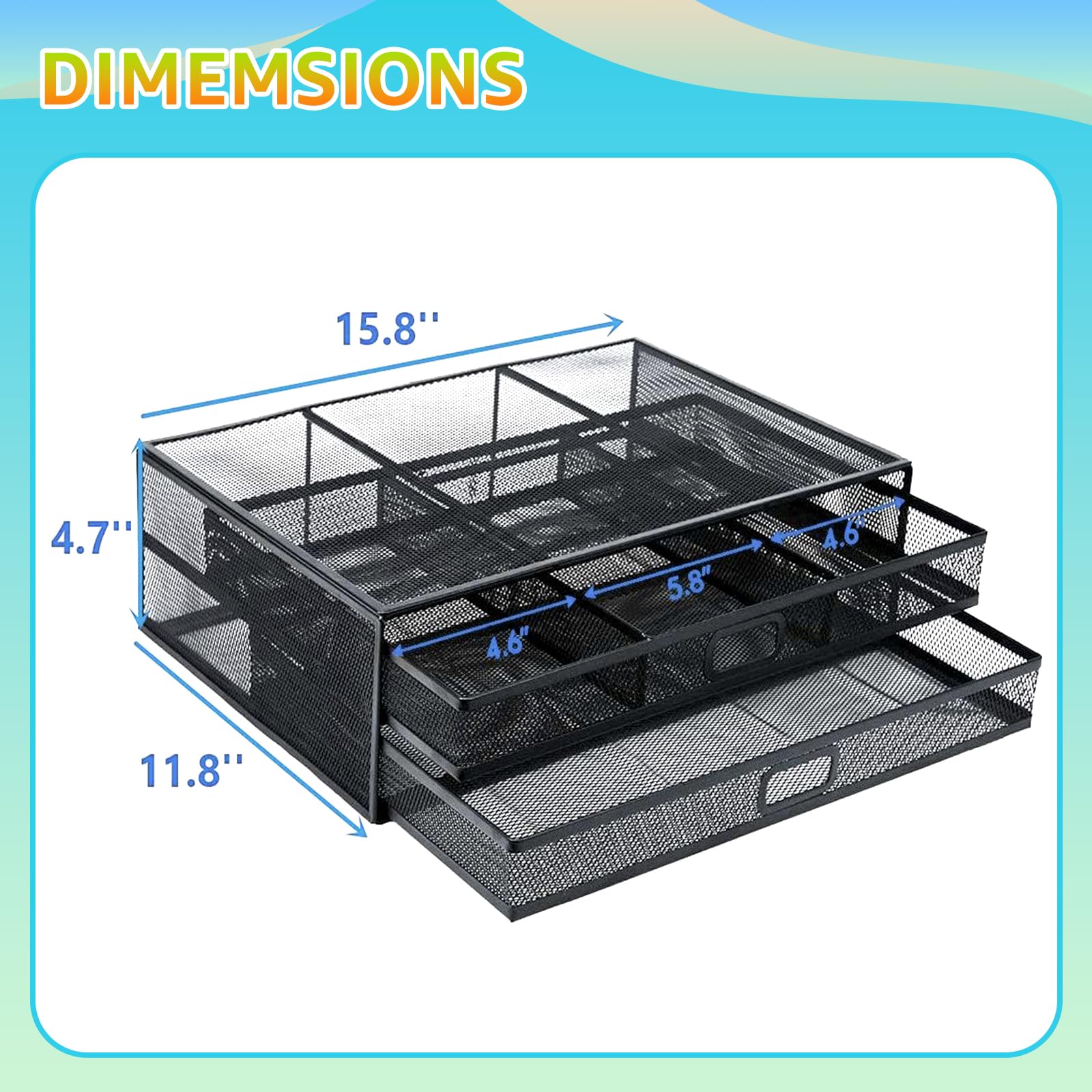 MINDEPOT Computer Monitor Stands with Drawers, Metal Mesh Desktop Monitor Riser, Desk Storage Organizer with Drawers for PC, Laptop, Printer (Black)