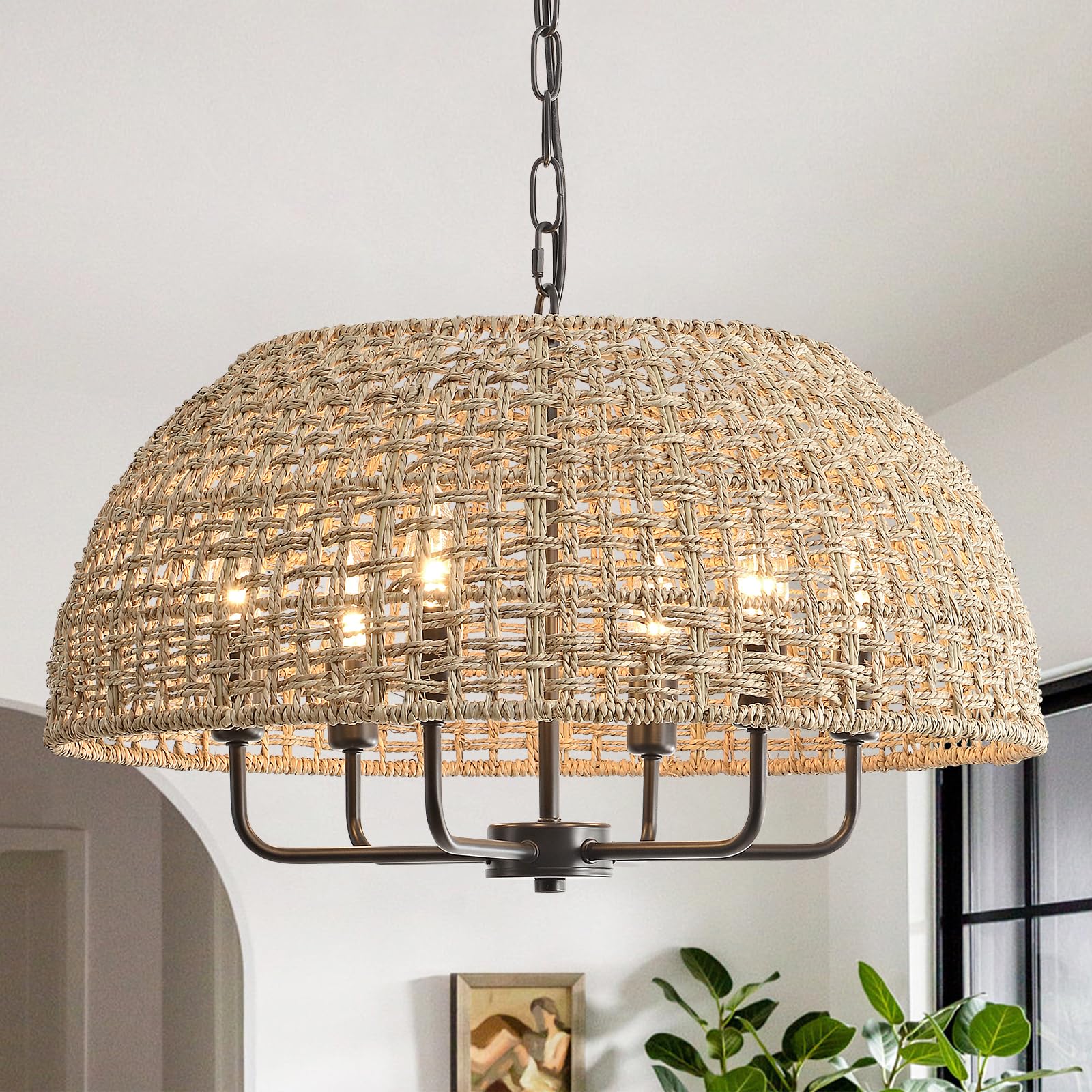 Large Six-Light Hand-Woven Cattail Dome Pendant