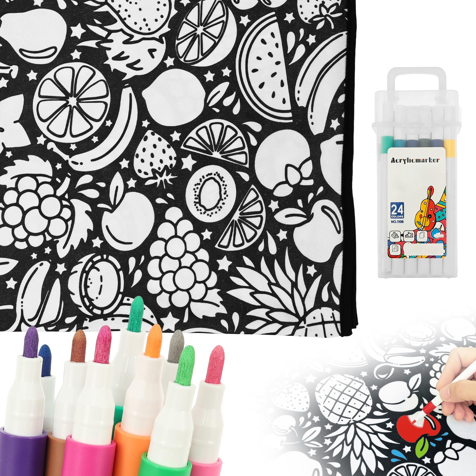 YUNYOUC DIY Colouring Blanket for Adults, DIY Coloring Blankets, Washable Colour Your Own Picnic Blanket with 24 Colors Markers, Creative Stress Relief Activity(Fruit Design)