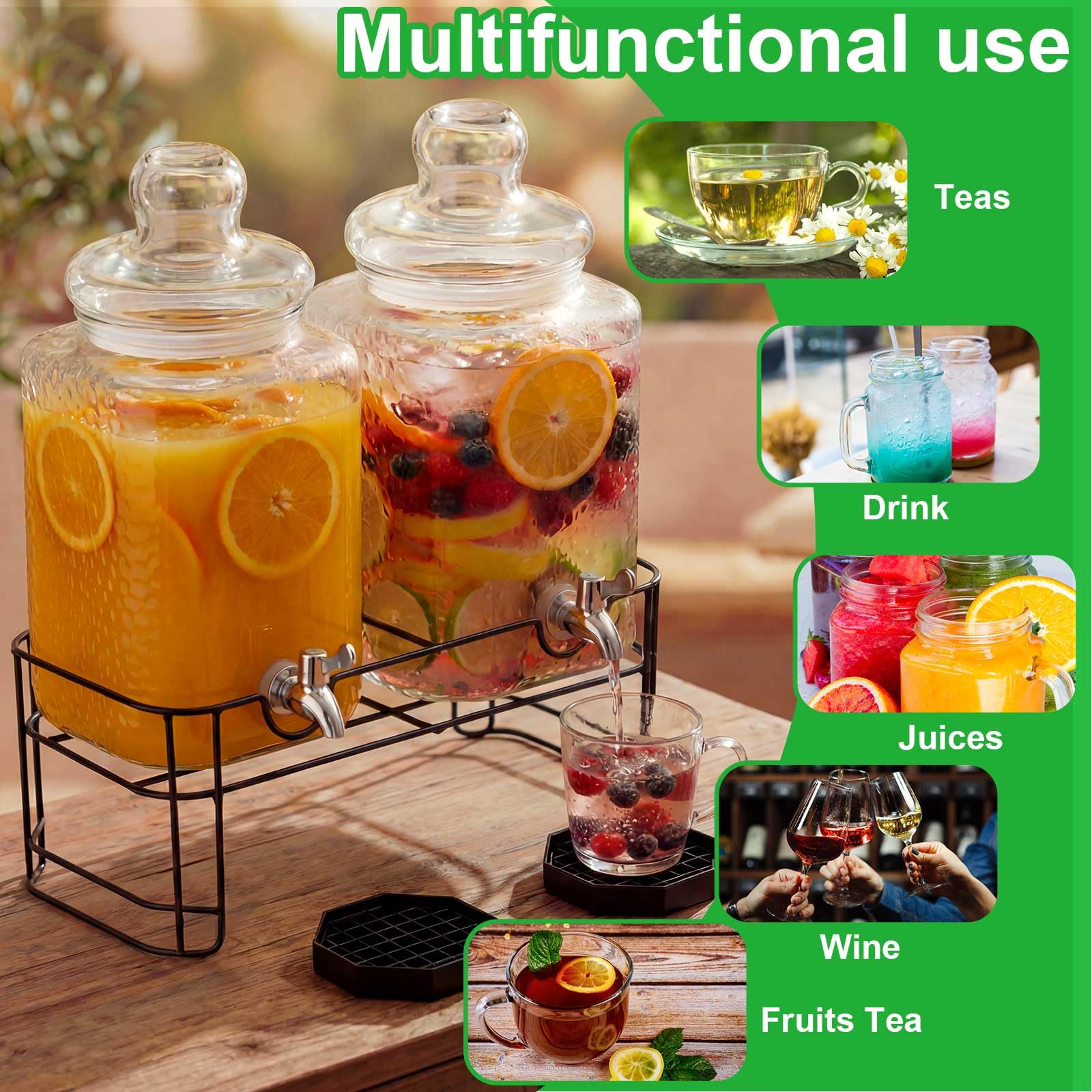 Getränkespender für Partys, gehämmertes Glas, Getränkespender mit Ständer, Edelstahl-Zapfhahn und Tropfschalen, Wasserglas-Krug für Limonade, Saft, Tee und Partygetränke, 2 Stück
