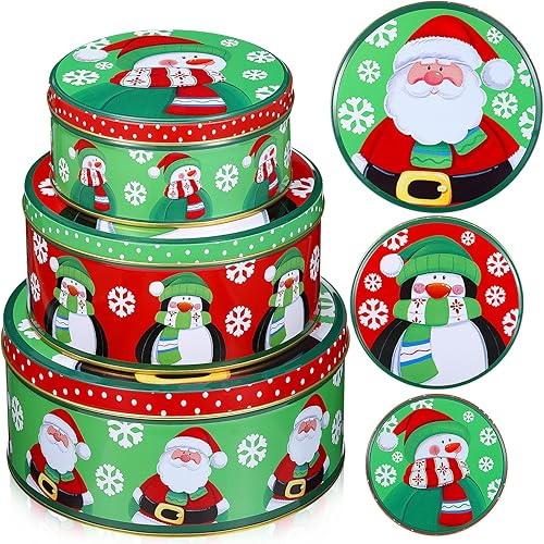 Blulu 3 latas de galletas de Navidad con tapas para regalar, recipientes de lata con tapas, latas de galletas festivas grandes, medianas y pequeñas,