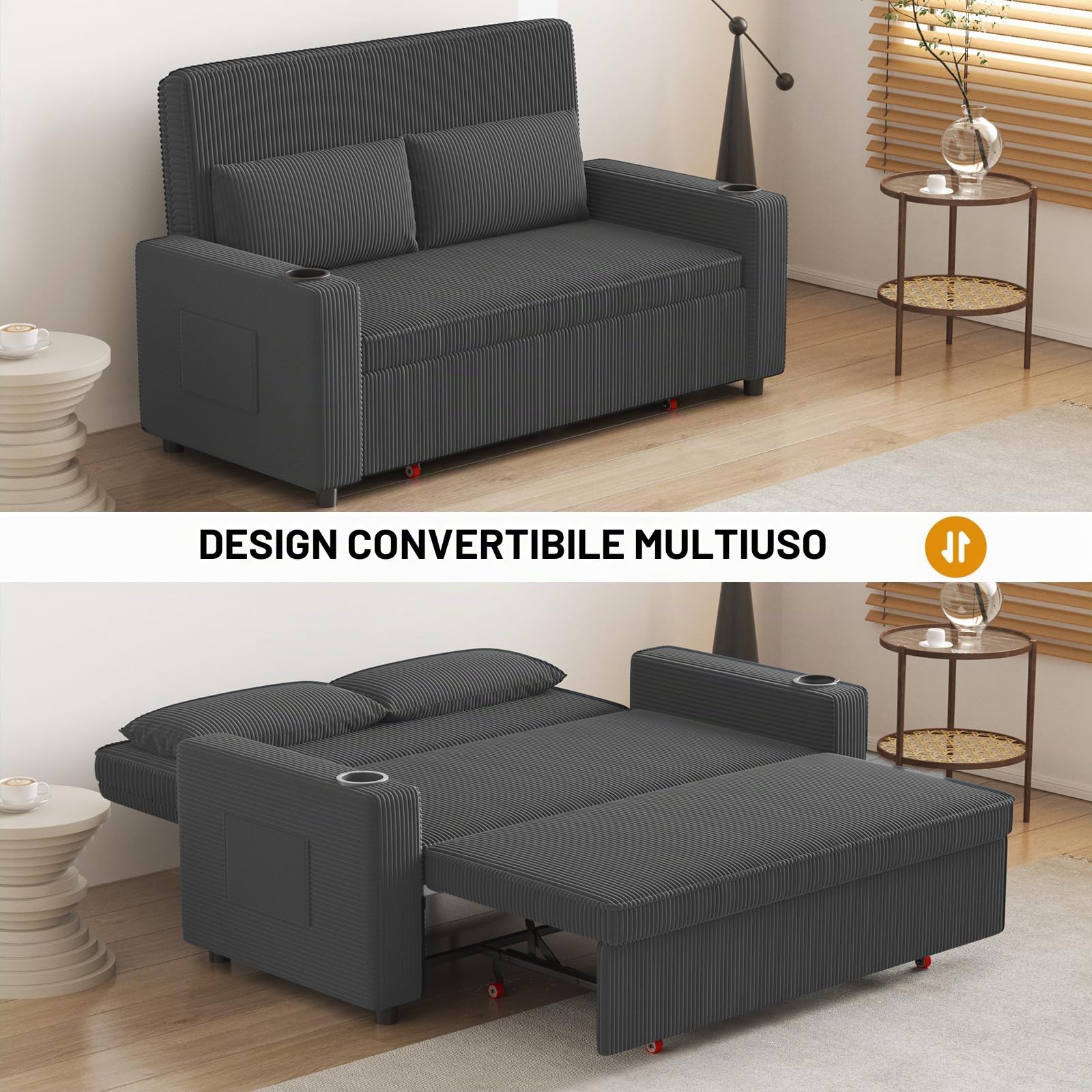 Devoko Divano Letto 2 Posti in Velluto Divano Matrimoniale Prontoletto Estraibile con Schienale Regolabile in 5 Posizioni per Soggiorno, Camera da Letto o Ufficio, 75P x 160L x 93H cm, Grigio