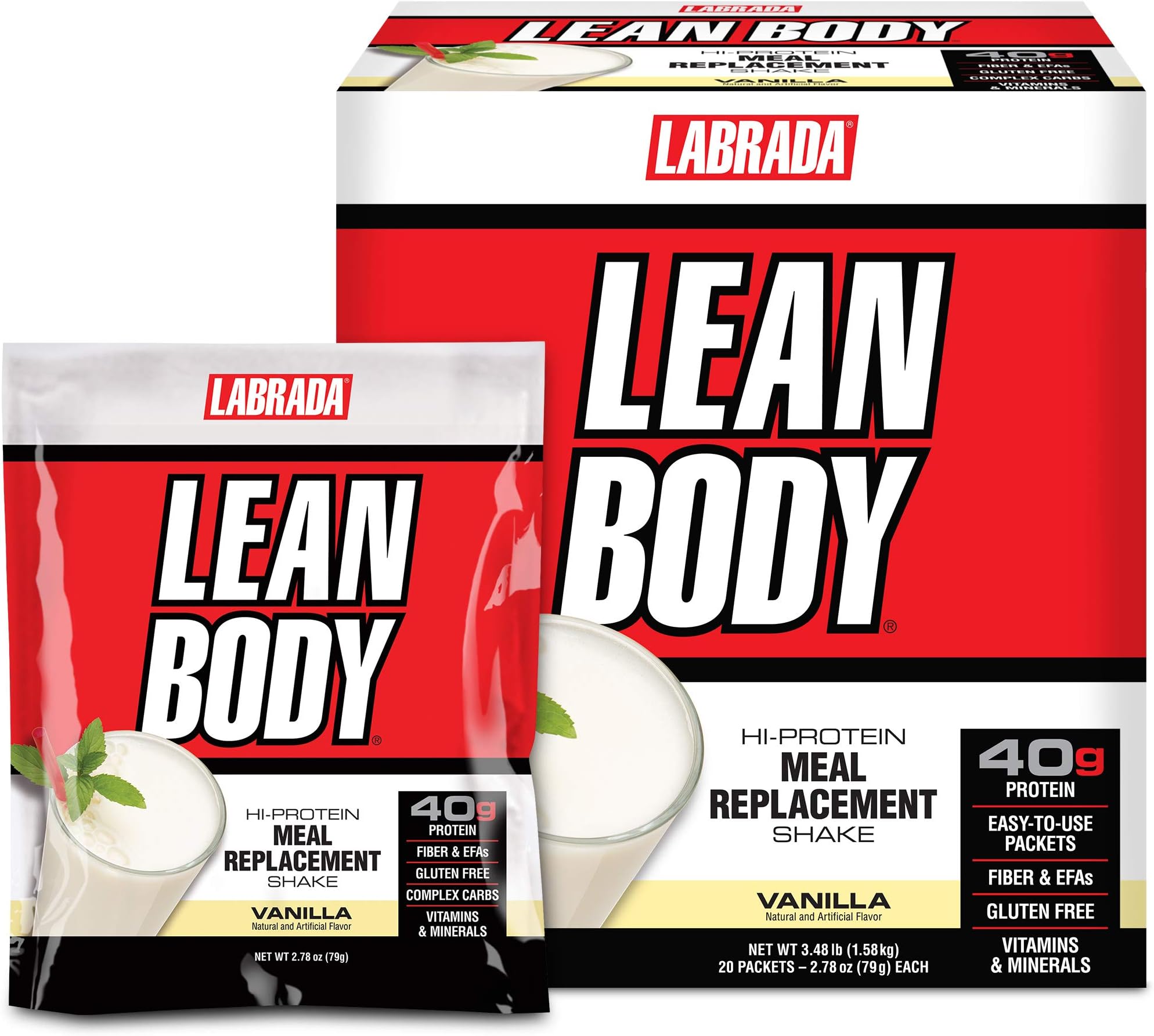 Lean Body All-In-One Vanilla Meal Replacement Shake. 40g Protein, Whey Blend MRP, 8g Healthy Fats & Fibre, 22 Vitamins and Minerals, No artificial colours, Gluten Free, (20 MRP Packets)