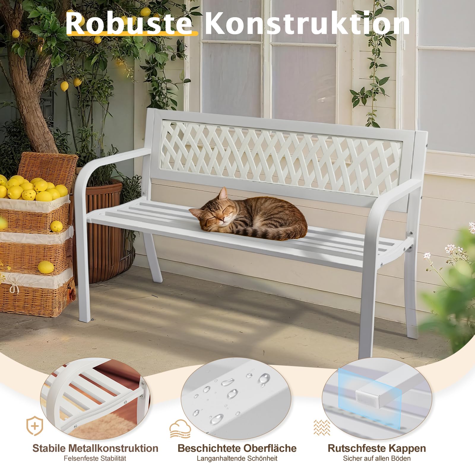 Bonnlo Banco de Jarín con Respaldo, Banco Metálico de 2 Plazas, 118x50x75 cm, Resistente y Duradero, para Jardín, Patio, Terraza, Parque y Exterior, Blanco
