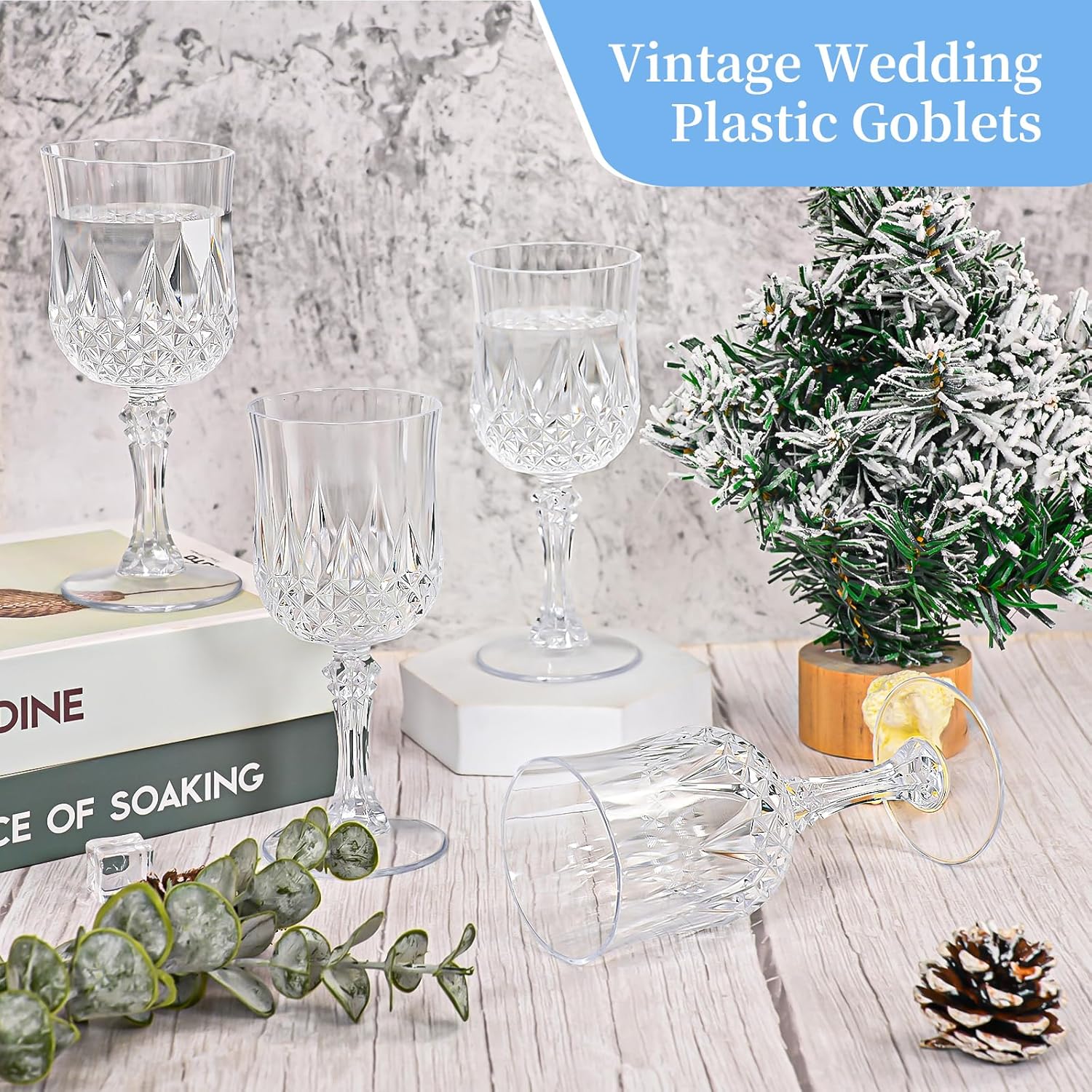 48 Pack Transparent Plastic Wine Glasses, Vintage Plastic Goblets for Parties, Drinking Glasses Unbreakable Glassware Crystal Water Goblets Reusable Drinkware for Wedding Reception Grand Event Party - Image 4