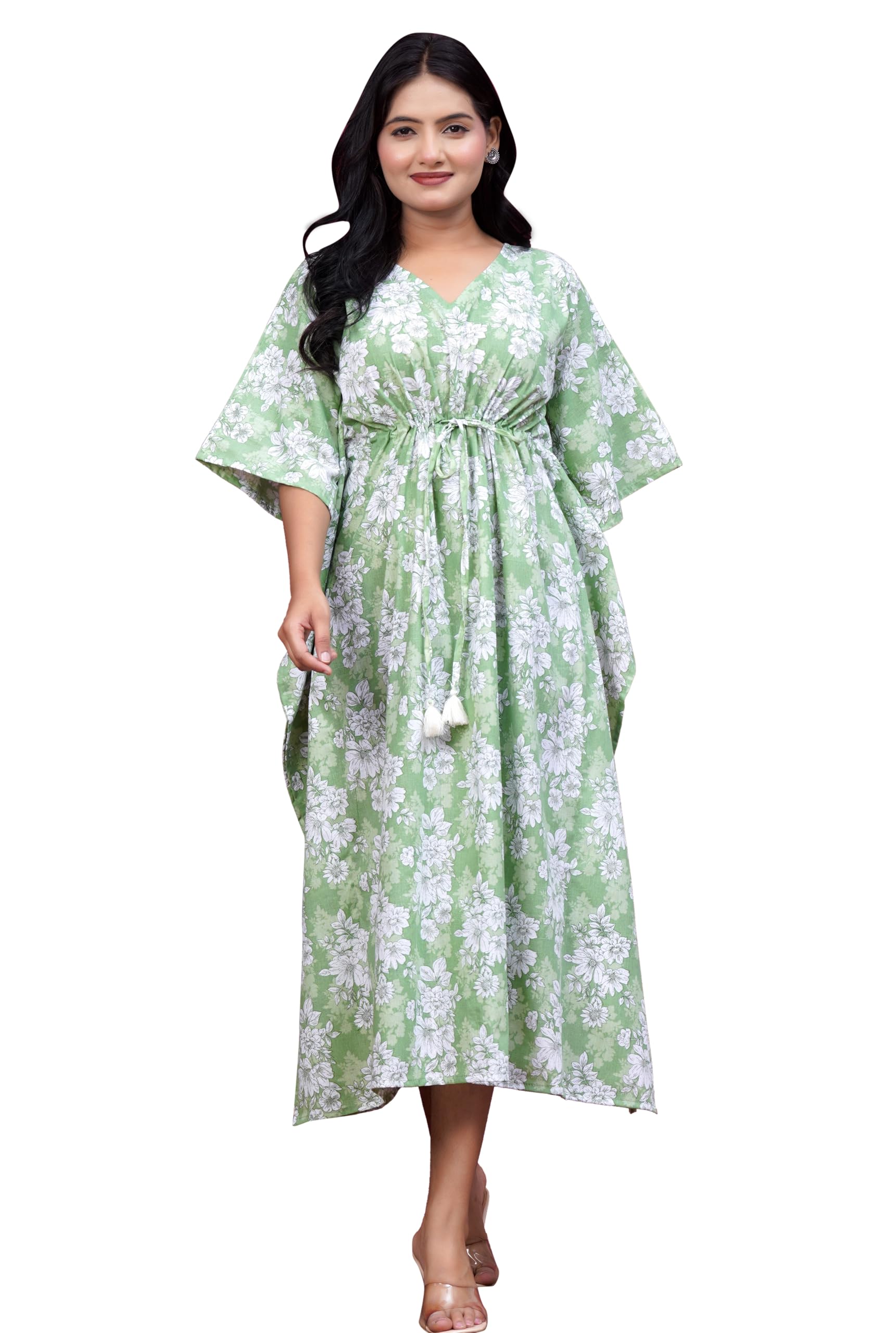 Cotton Printed Long Kaftan for Women, Green Floral, V-Neck with Drawstring Waist and Tassel Tie-image-11