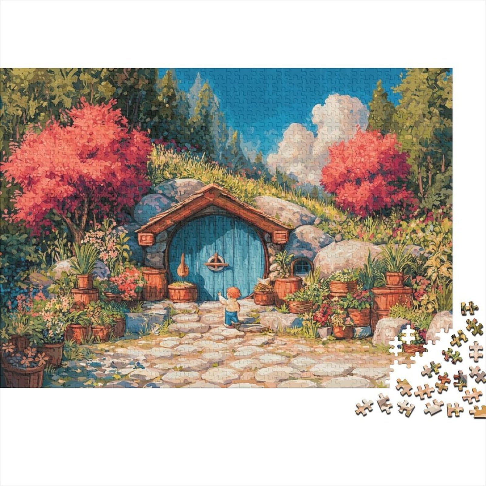 Hobbit House Garden 1000 Pieces Hobbit Cottage Recycled Cardboard Jigsaw Puzzle for Adult Educational Game Decompression For-Wall-Decoration-and-Gifts Great Gift Idea for Relaxation 38x26cm/1000pcs