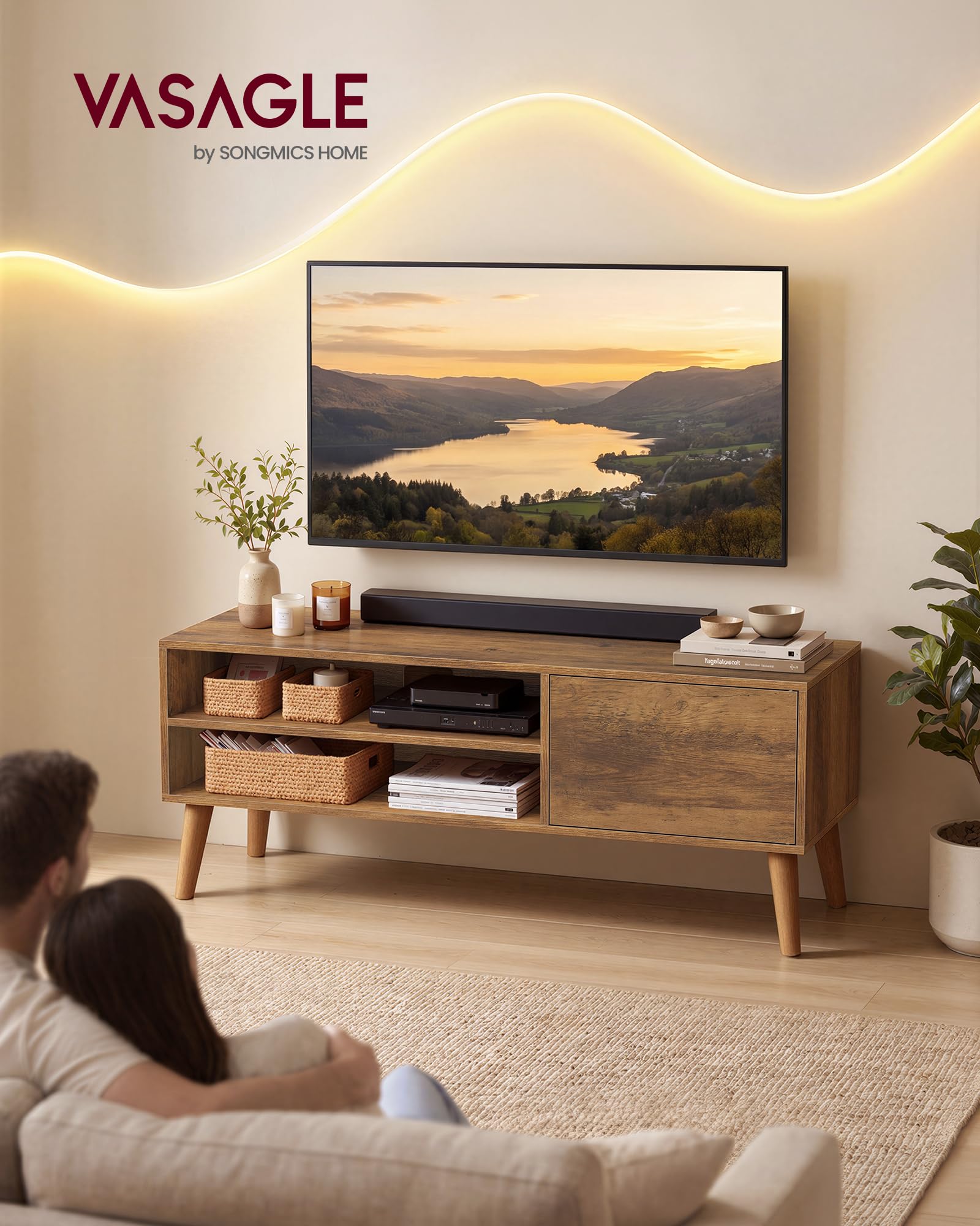 VASAGLE Mueble TV, Mesa de TV, para Televisores de hasta 55 Pulgadas, Largo de 120 cm, Centro de Entretenimiento, de Mediados de Siglo para Salón, Dormitorio, Marrón Rústico LTV120K101