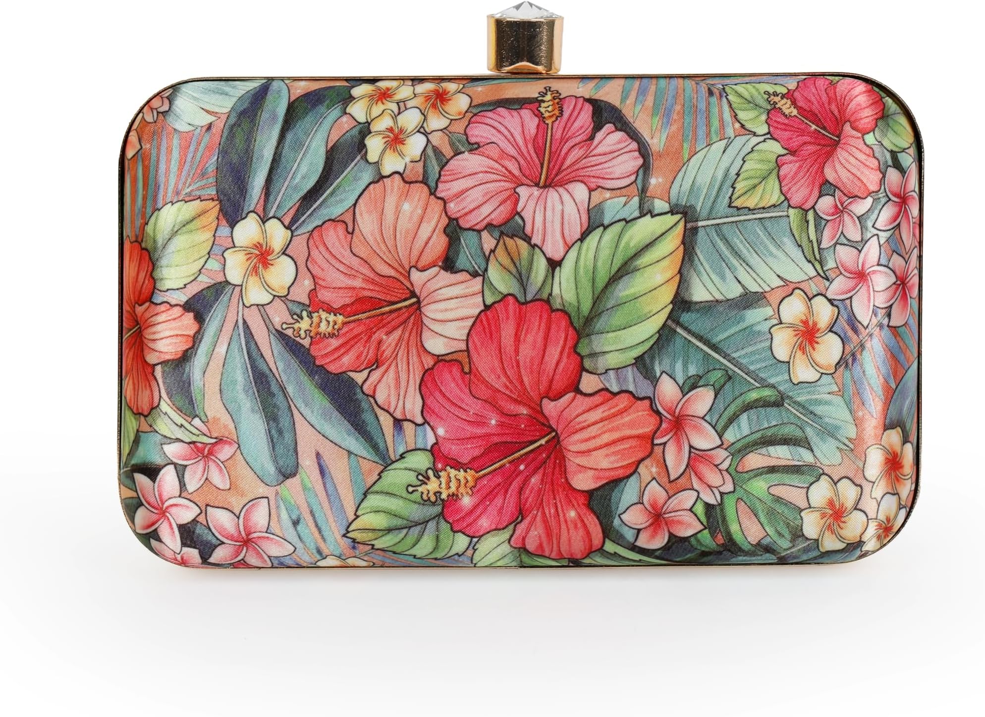 Tropical Hibiscus Box Clutch With Crystal Clasp bags for women Party Wedding Purse with Chain Strap