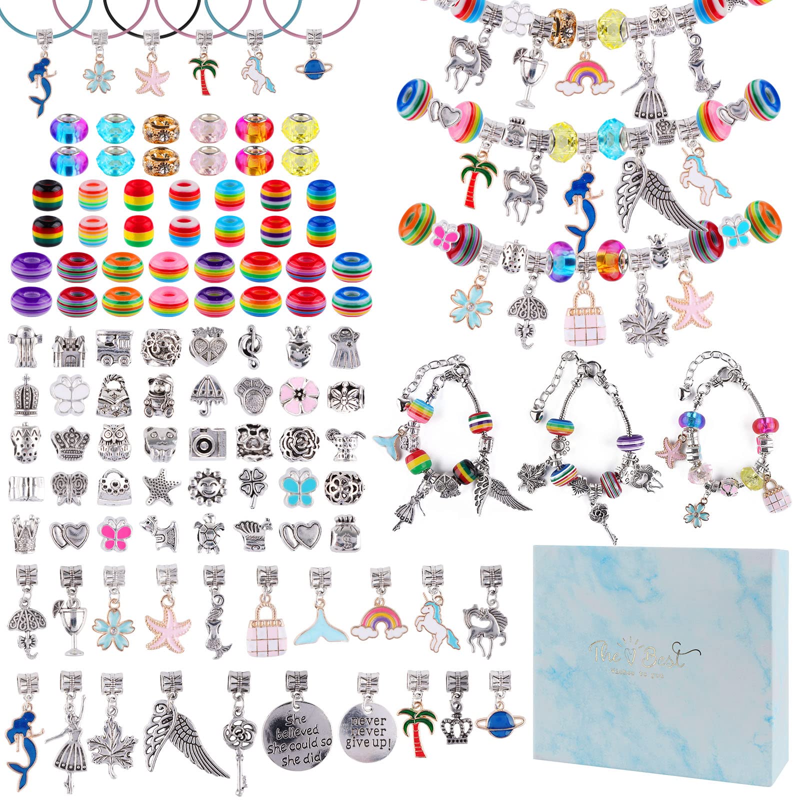 EBANKUEBANKU Charms Bracelet Making Kits 112PCS Jewellery Making Kit with Color Beads Charm Pendants,DIY Beads for Jewelry Making, Arts and Crafts Sets