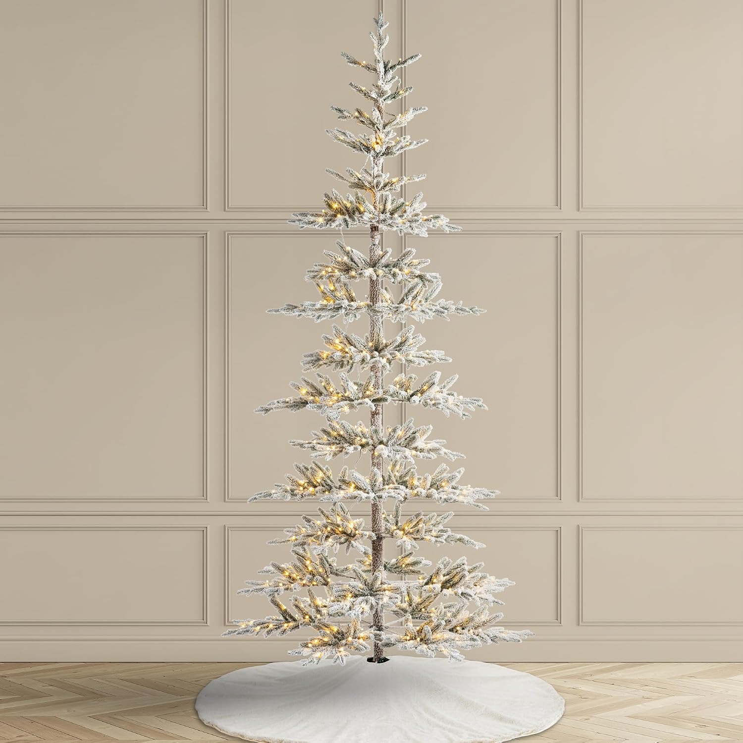 Glitzhome 9ft Pre-Lit Flocked Slim Artificial Christmas Tree with 650 Warm White LEDs, Realistic PE Needles Hinged Design for Modern Home Holiday Decor