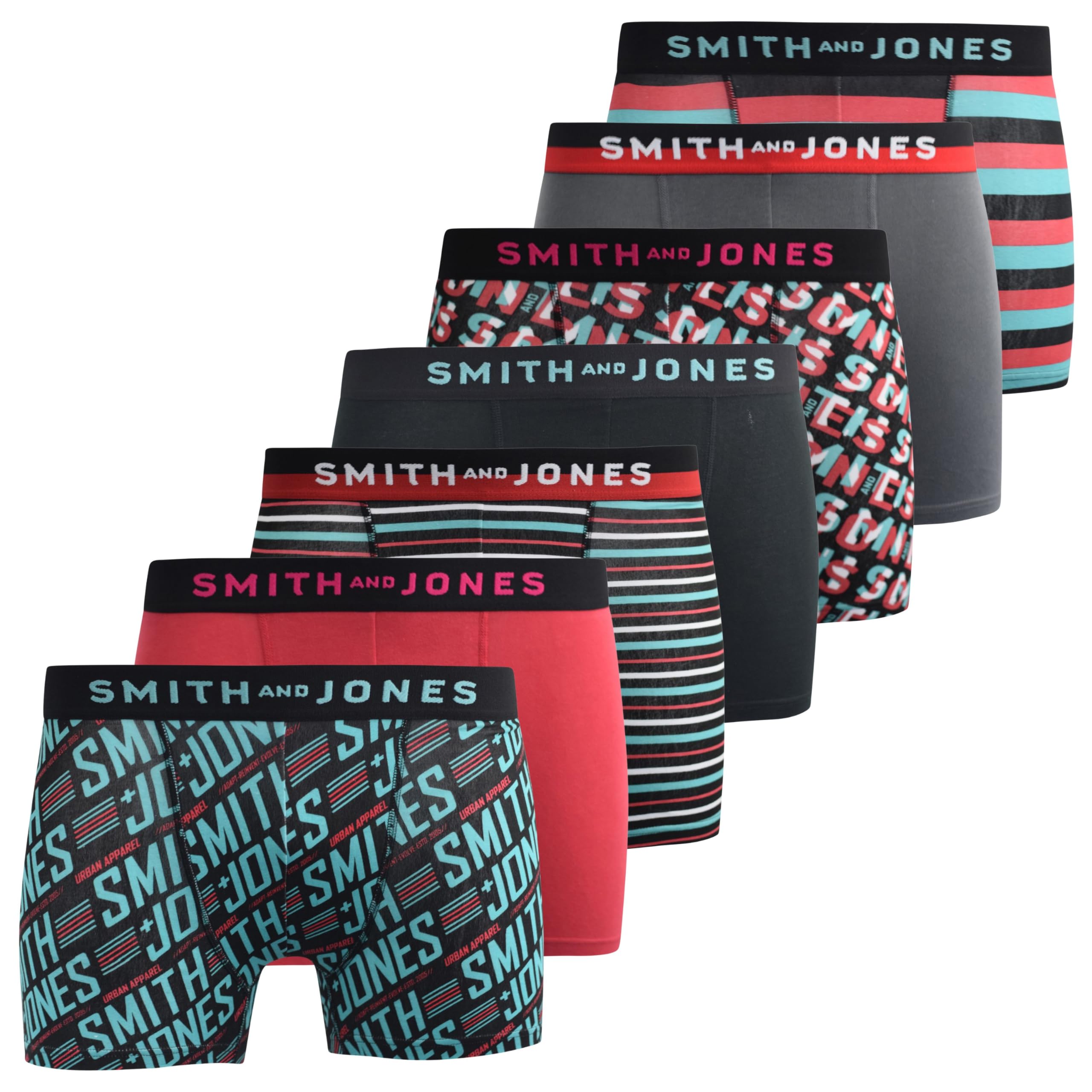 SMITH & JONES mens boxers – multipack of 7, stretch cotton men’s boxer shorts, comfortable underpants for men, colourful and black underwear trunks, multi pack man briefs(XXL, Taden, Red)