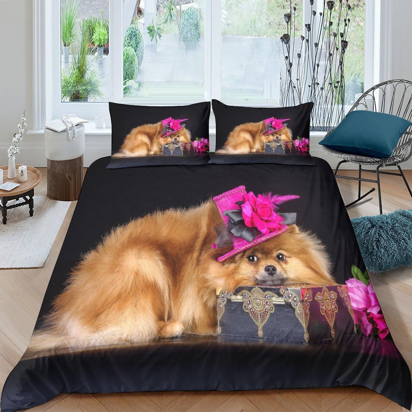 Ctjqhvkz Style-7 3D Printed Fluffy Dog Fitted Sheet Microfiber Soft Pink Hat Mattress Cover For Bedroom Dorm Decorative Easy Care Single（135X200cm）