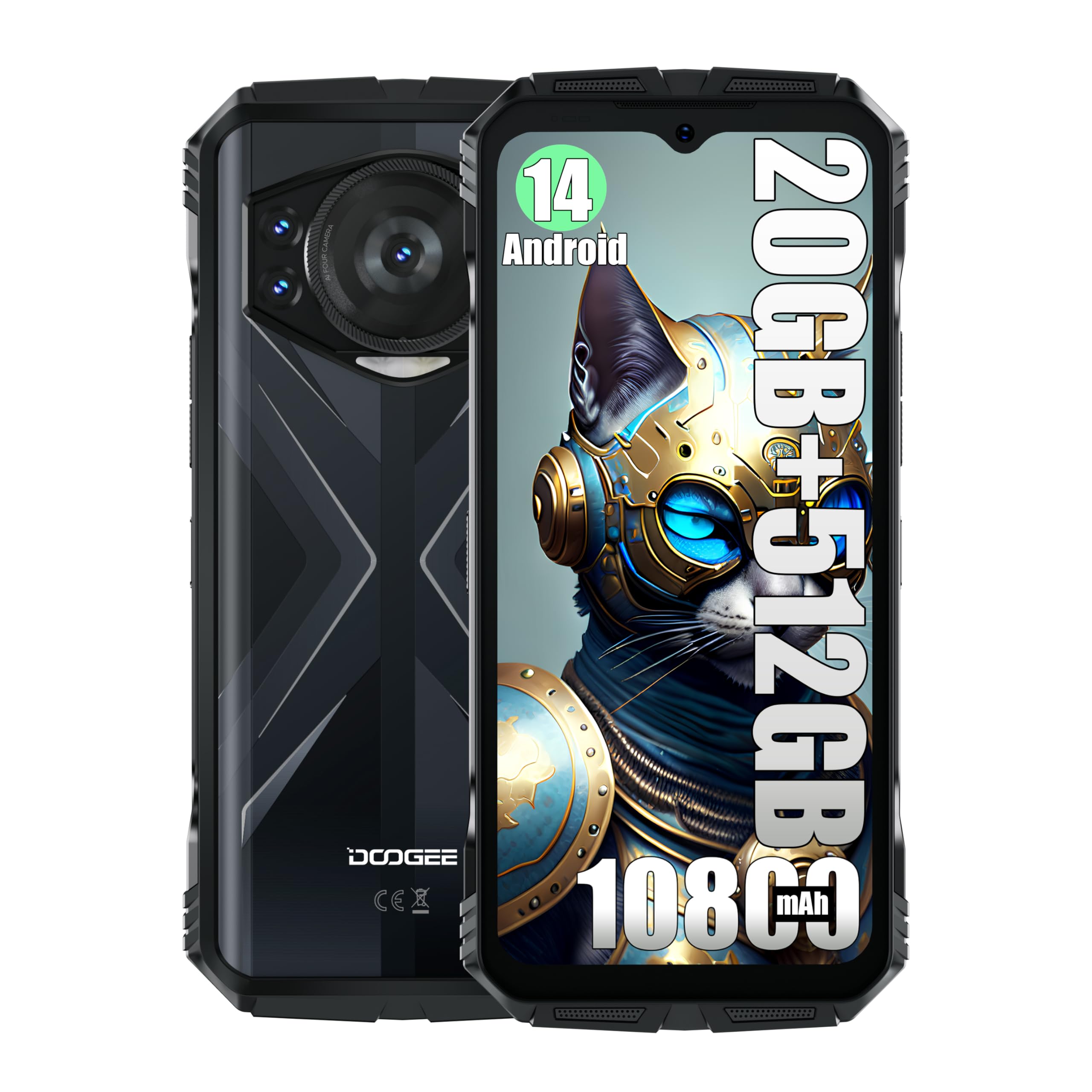 DOOGEES118 4G Rugged Smartphone Unlocked,20GB+512GB Android 14 Cell Phone,10800mAh+ 33W,50MP+32MP Rugged Phone,6.58" FHD+ 120Hz Display,Dual 4G SIM/OTG/GPS/NFC Black