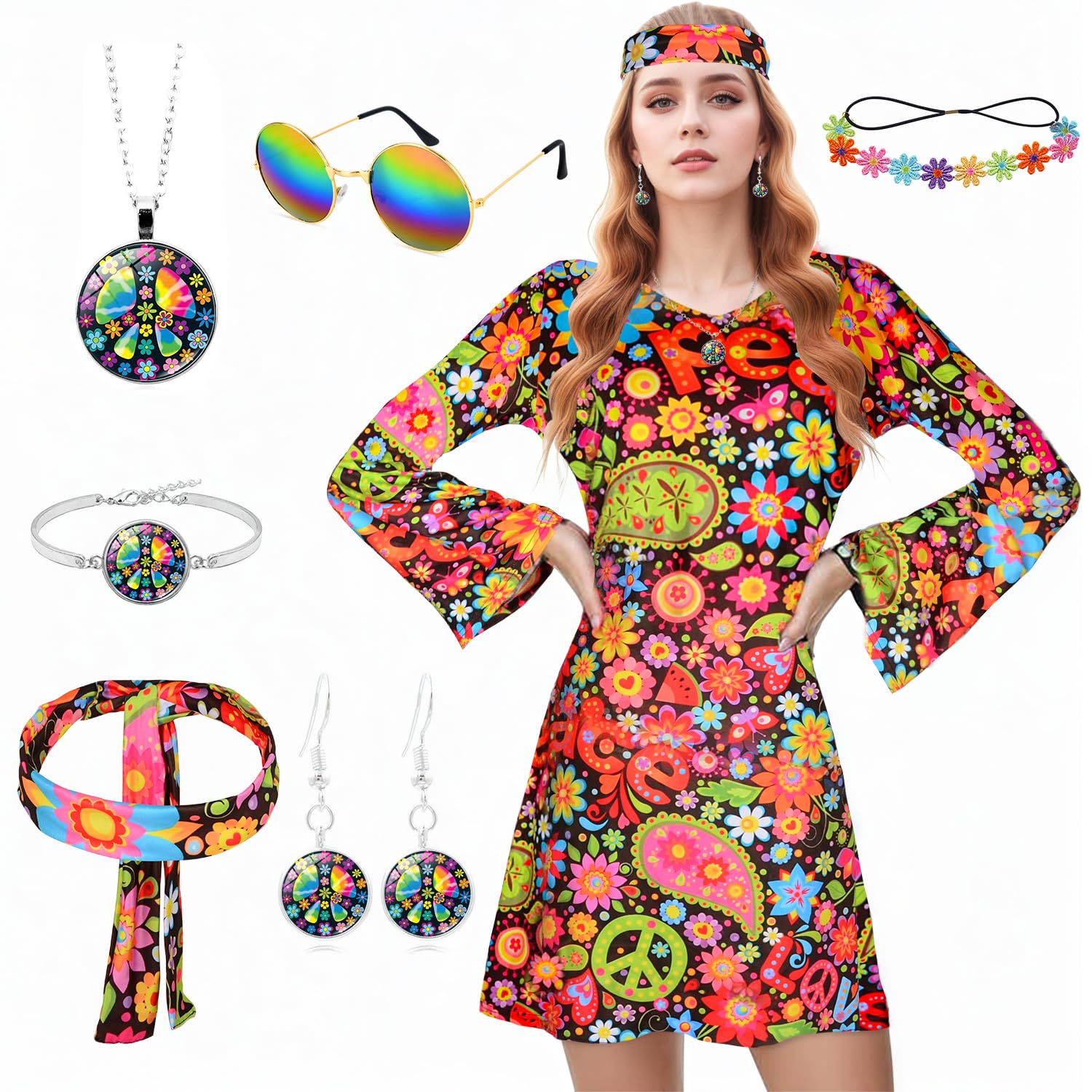 Disfraz Hippie Mujer, Disfraz Años 70 Mujer, 7 Piezas Accesorios Hippie con Gafas De Sol, Collar, Pendientes, Flores De La Paz y Diadema con Diseño De Sol para Fiesta De Verano, Discoteca y Carnaval