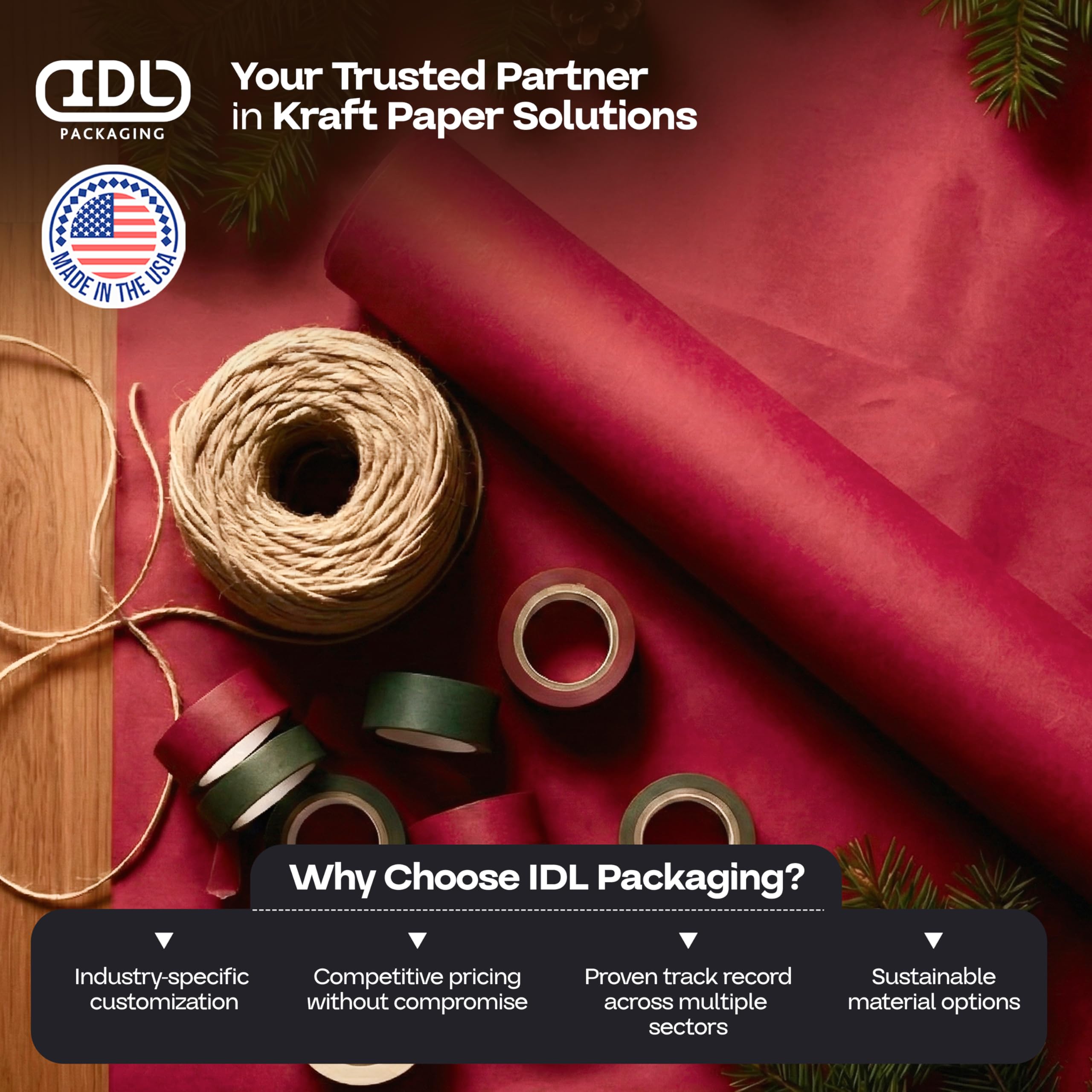IDL Packaging Lot de 2 rouleaux de papier kraft rouge de 30,5 x 3048 cm – Fabriqué aux États-Unis pour emballage cadeau, loisirs créatifs pour enfants, projets scolaires – 100 % recyclé, matériau
