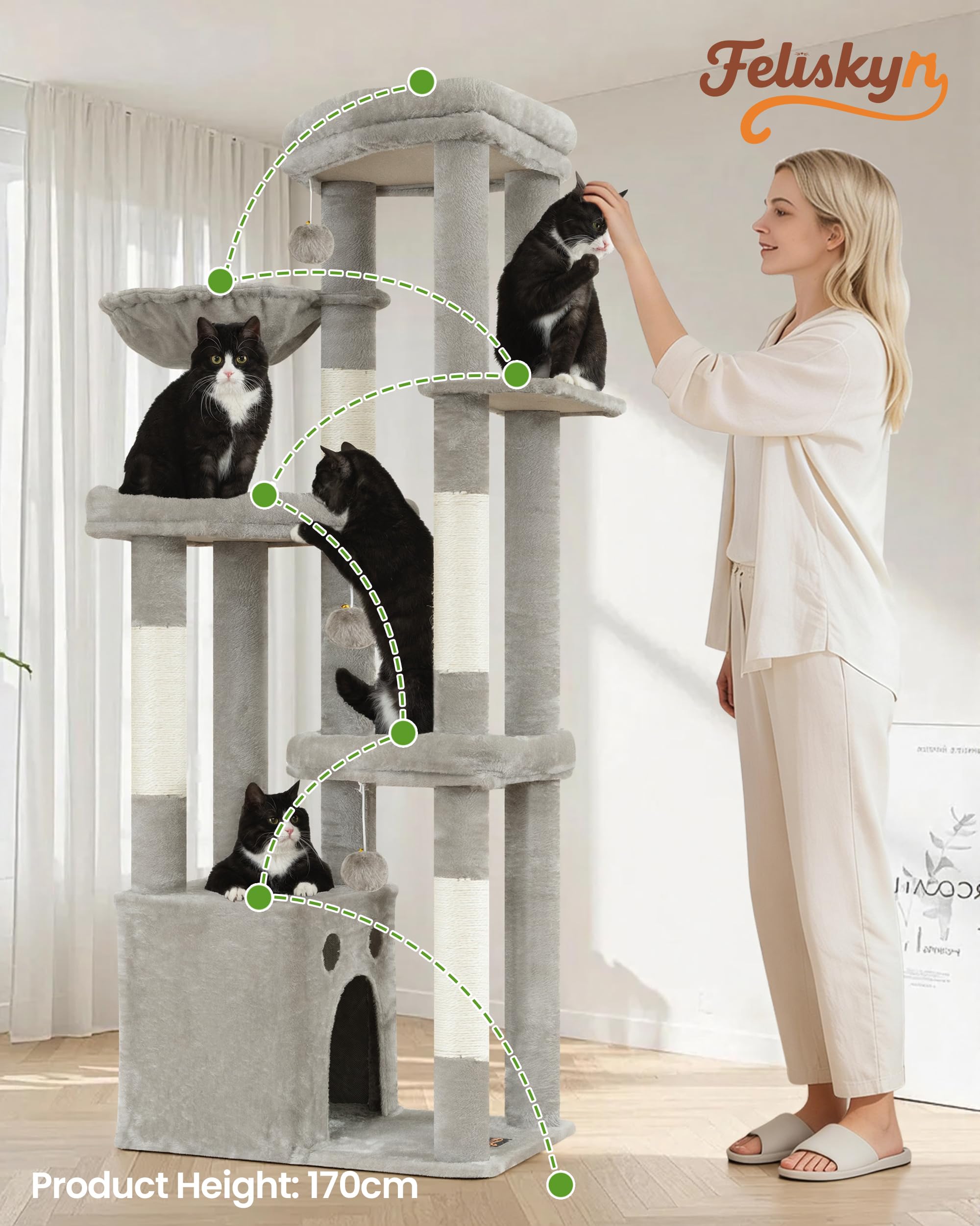 Kratzbaum Groß, Kratzbaum Grosse Katzen Stabil 170 cm hoch - Katzenbaum XL, Mehrstöckiger Katzenbaum Grau mit 4 Kratzsäulen, 6 Plüschbälle, Plattformen, Höhlen, Hängematte - Cat Tree Tower