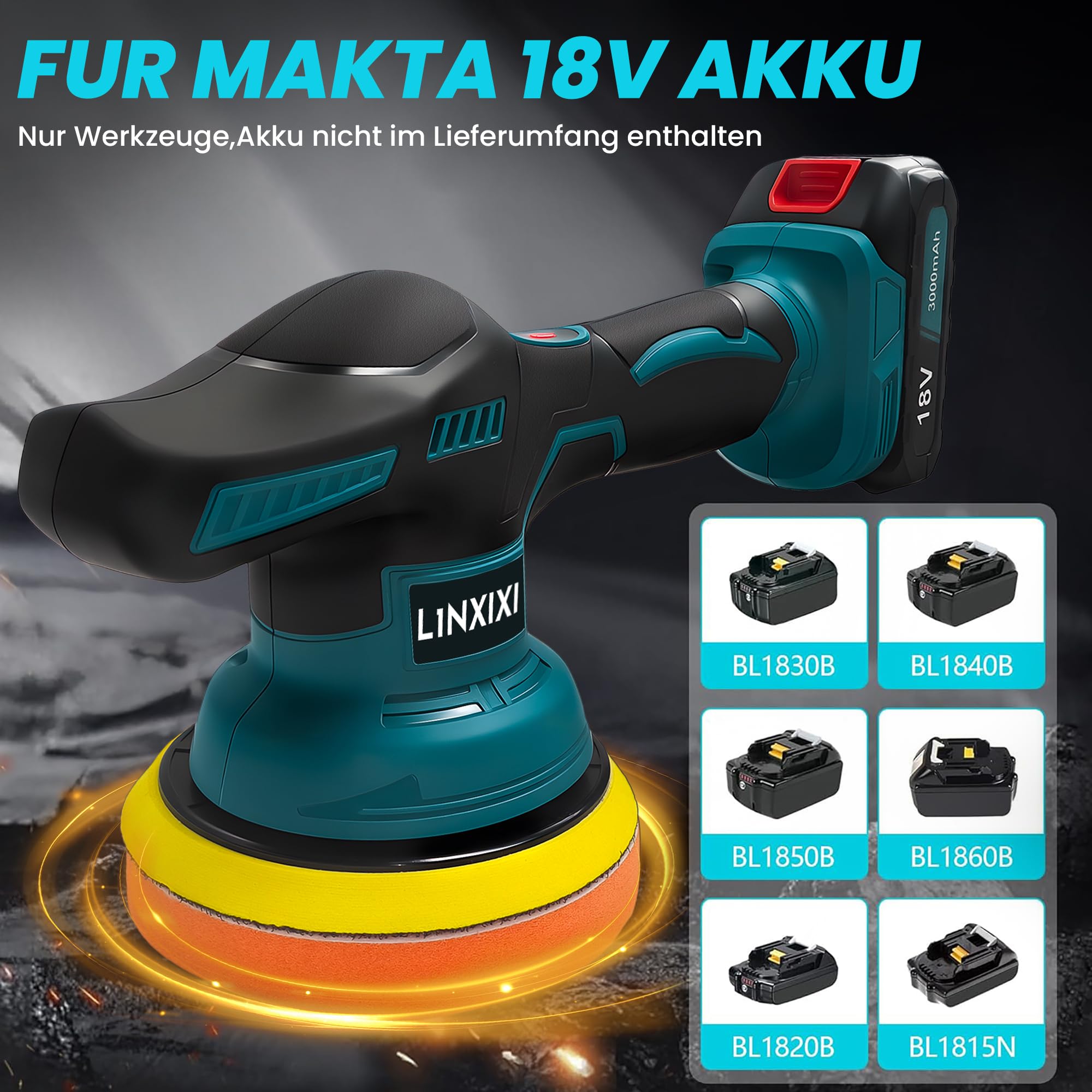 Poliermaschine Auto für Makita 18V-Akku, 6 Zoll Orbital Auto Politur mit 8 Variablen Geschwindigkeiten,27pcs Auto poliermaschinen Set, für Polieren/Wachsen/Autodetaillierung (ohne Akku)
