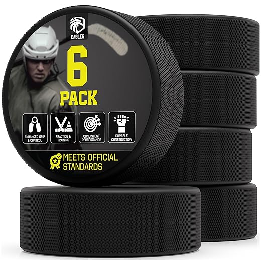 EAGLES Ice Hockey Pucks 6 or 50 Pack | High Grade Pucks Official Regulation Weight & Size for Practice & Classic Training - 6 oz Diameter 3" Thickness 1" Black Hockey Puck | Roller Hockey