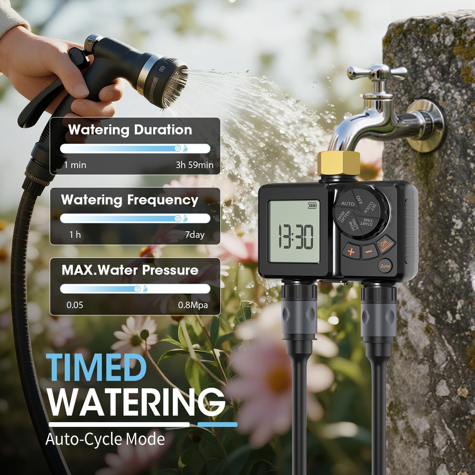 YWBL-WH Timer Intelligente a 2 Zone per L'Irrigazione Automatica, Programmatore per Irrigatori da Giardino per Serre, di Irrigazione a Goccia per agricoltura. (Filettatura BSP3/4”)
