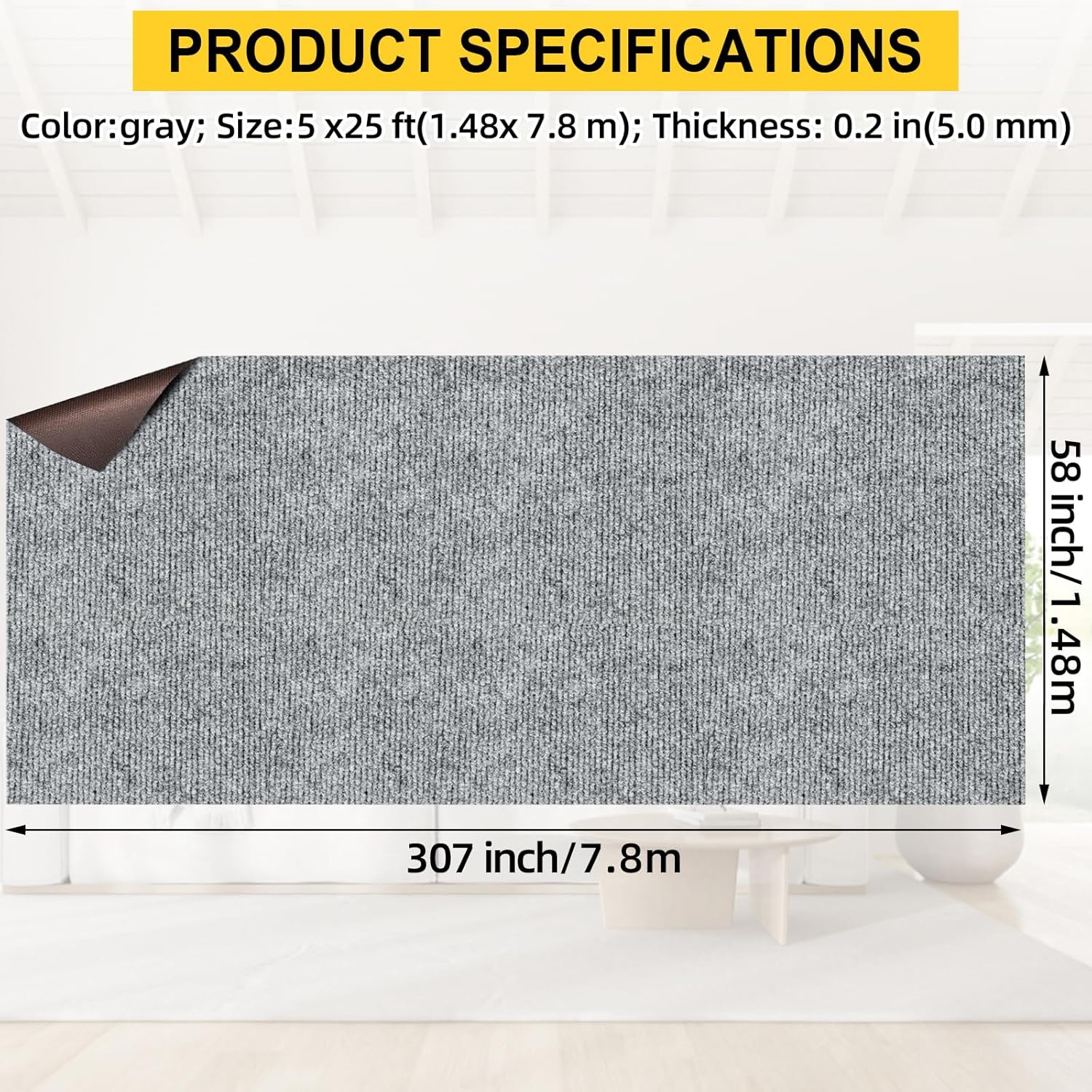 Marine Carpet,5 FT x 25 FT Smoke Gray Indoor Outdoor Carpet 0.2 Thick Boat Carpet with Water-Proof TPE Backing, Non-Slide Outdoor Marine Carpet Roll for Home, Patio, Porch, Deck