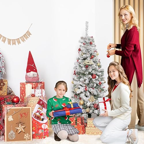 Miniatura 2 de BRINJOY Árbol de Navidad preiluminado de 6 pies, árbol de Navidad artificial flocado con conos de pino, 608 puntas de rama, 250 luces multicolor,