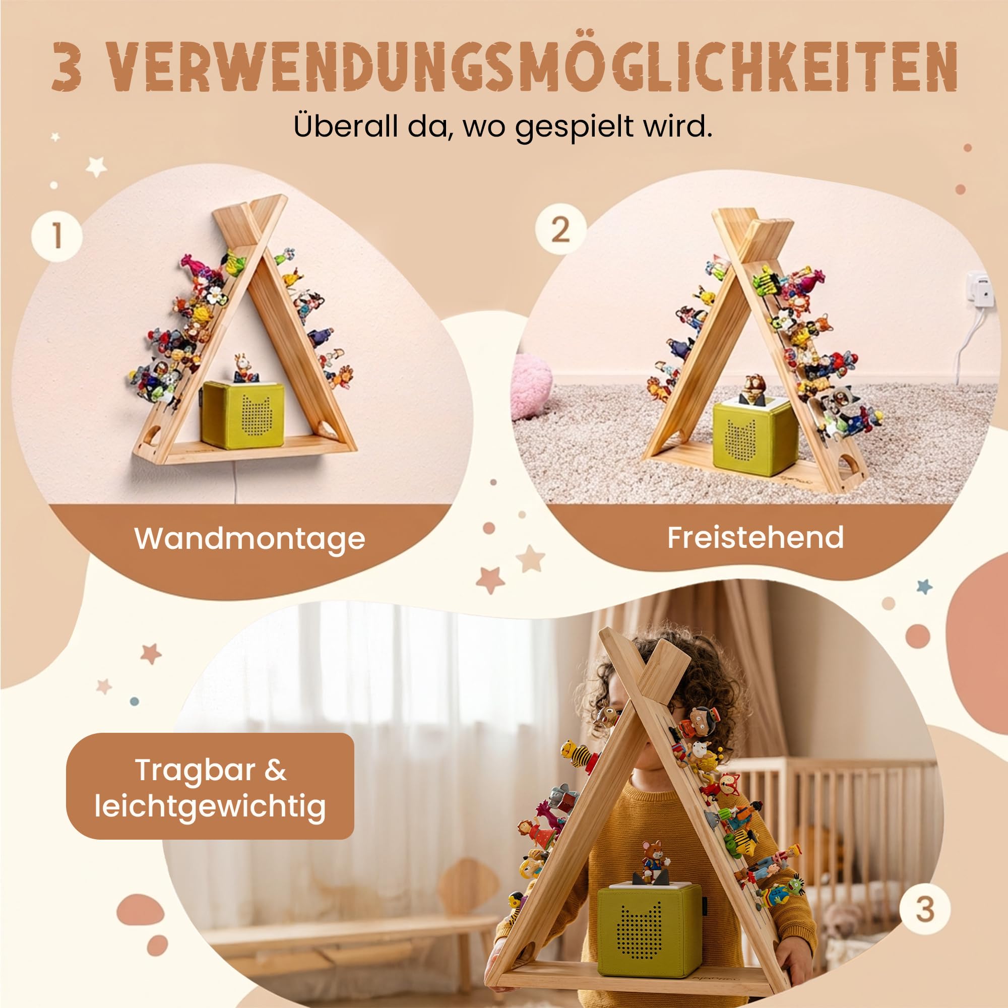 Magnetisches Tonie Regal stehend aus Holz für 60+ Tonies Hörfiguren I Tonieregal zum Hinstellen oder Wandmontage I Toniebox Regal für Mädchen und Junge