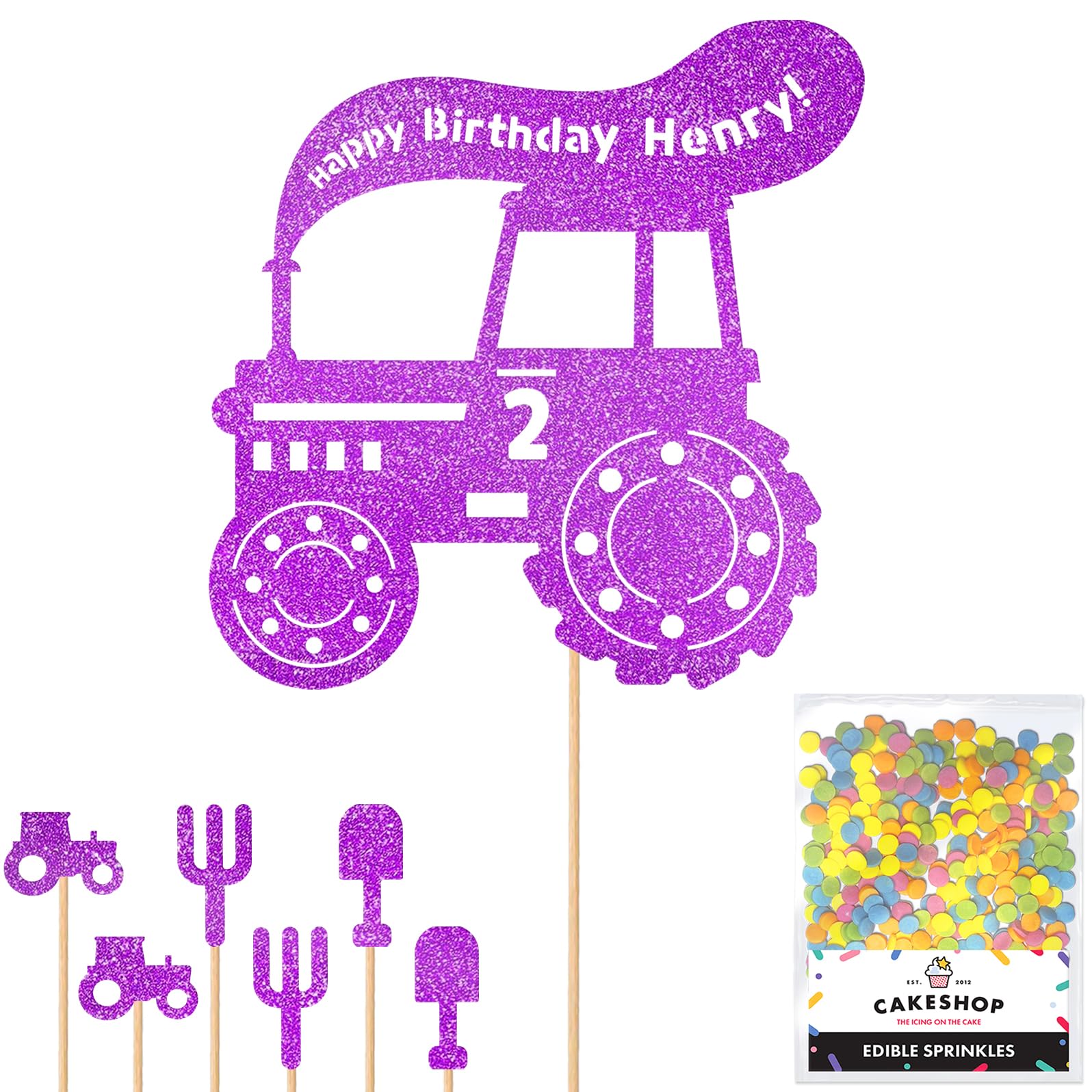 Personalised Farm Tractor Glitter Cake Topper- Purple Any Custom Age & Name Glitter Cake Decoration and Sprinkles - Happy Birthday Decorations - Personalised Toppers for Cakes by Cakeshop โ image 1