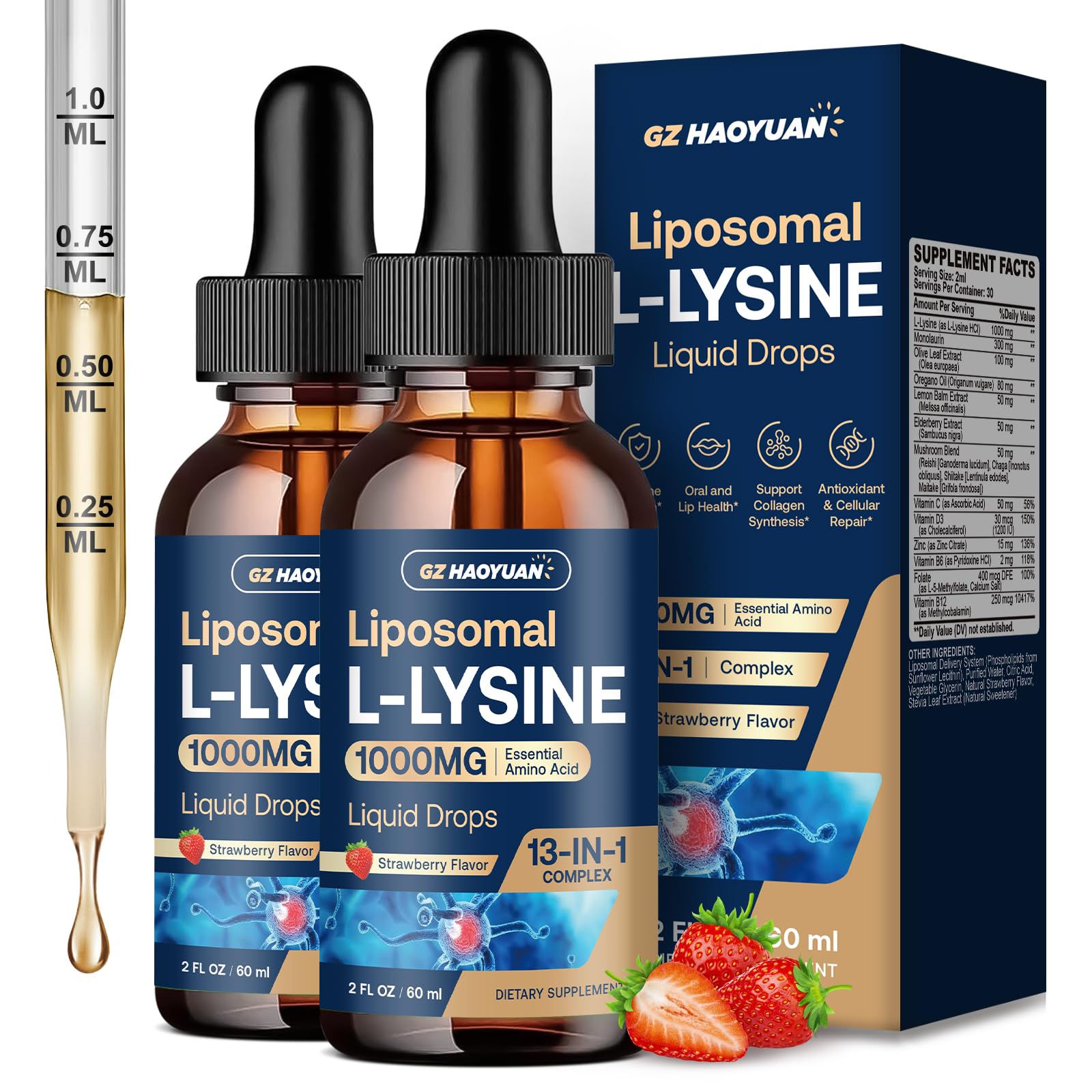 Liposomal L-lysine 1000MG Liquid Drops, 13-in-1 Lysine Monolaurin Supplements – Olive Leaf Extract with Vitamin C, B6, D3, B12 & Zinc for Collagen, Lip, Skin & Immune Support,Strawberry Flavor,4Fl Oz Strawberry 2 Fl Oz (Pack of 2)