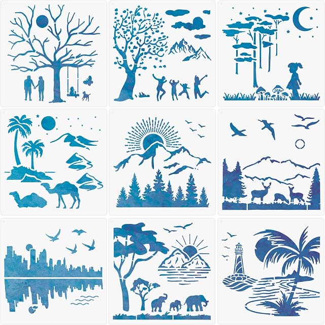 9 Pieces Forest Landscape Stencil, River Mountain Template, Reusable Landscape Template Drawing Plastic Stencil DIY Drawing Painting Craft Project