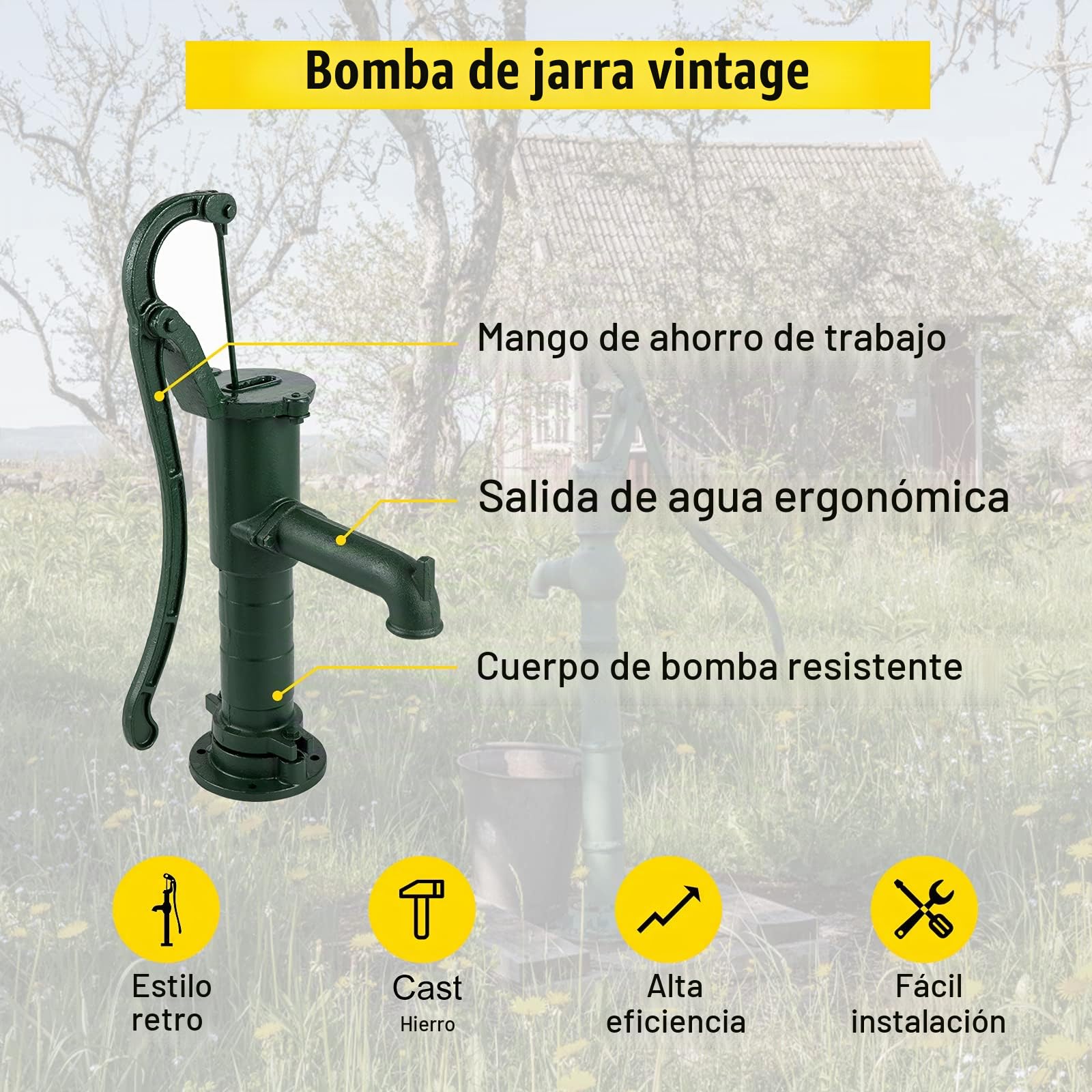 VEVOR Soporte de Bomba Manual de Hierro Fundido 22,86 x 22,86 x 66 cm Soporte para Bomba de Agua de Mano 13,5 kg Estructura Estable Soporte de Bomba de Mano para Jardín con Pintura en Aerosol, Verde
