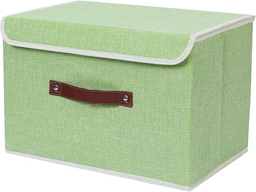 Contenedores de almacenamiento plegables con tapas, caja de almacenamiento de tela de lino con asas de piel sintética, cajas de almacenamiento