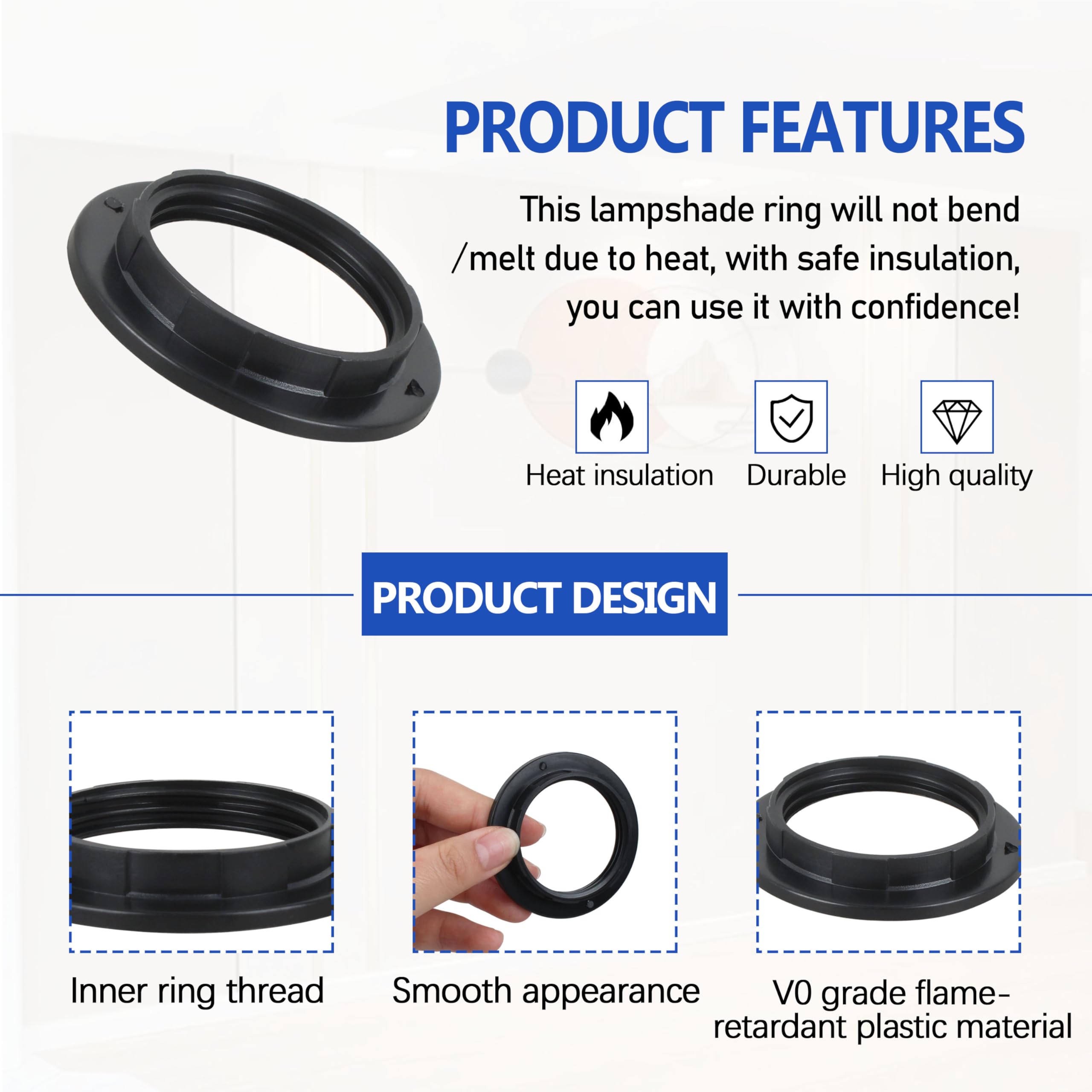 Kit de anillo de fijación a prueba de polvo y sombreado de soporte de lámpara E26/E27, compatible con anillo de bloqueo de pantalla de lámpara/anillo de presión, negro componente de instalación de 5 6