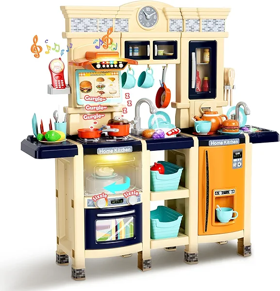 Kiddokidz Play Kitchen for Toddlers, 87-Piece Interactive Kids Kitchen Playset with Realistic Appliances - Microwave, Oven, Sink & Food Accessories - Educational Pretend Toddlers Play Toy, Navy Blue