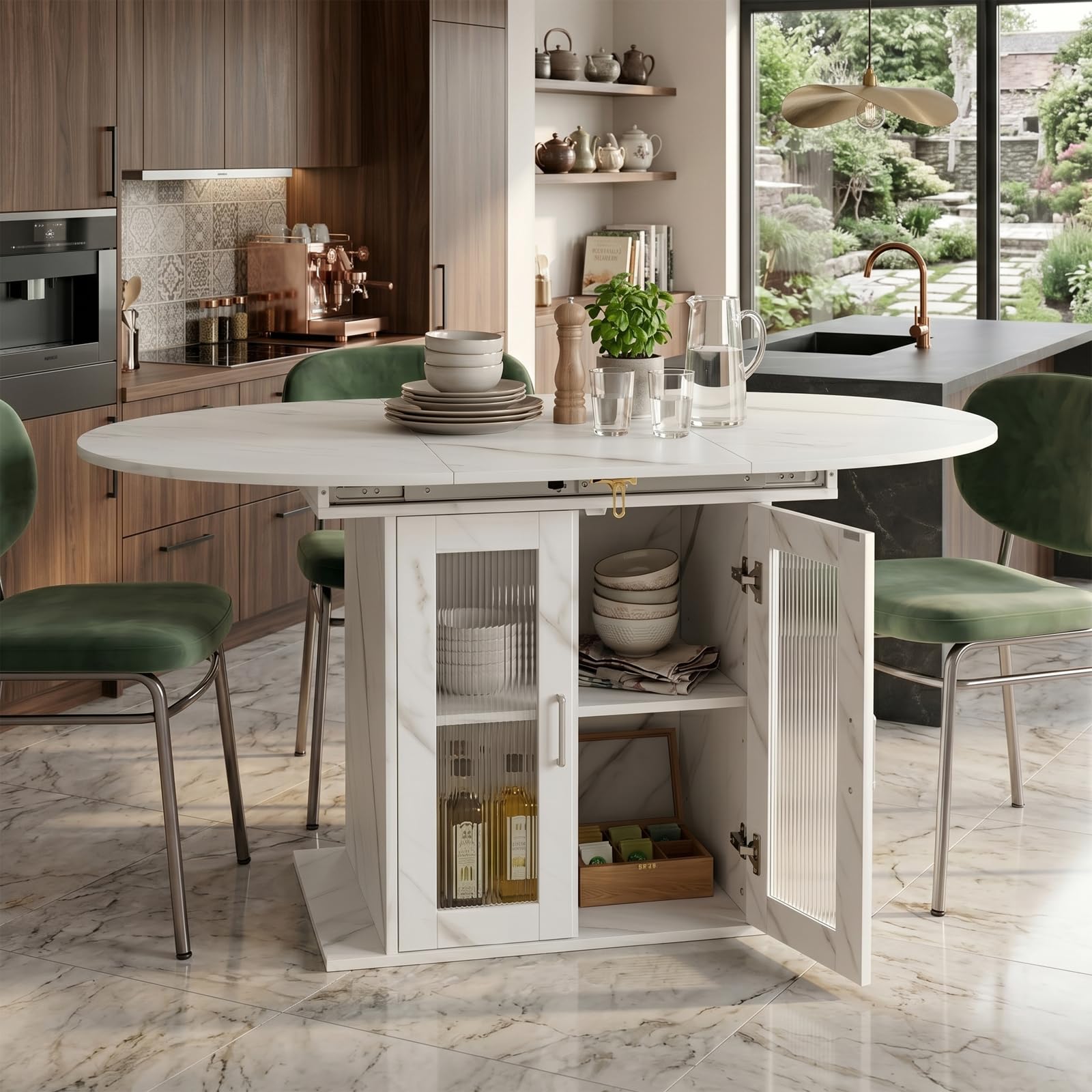 Tavolo da pranzo allungabile ovale, 100/140 x 100 x 77 cm, tavolo da cucina per 4-6 persone, con spazio di archiviazione e frigorifero, moderno tavolo da pranzo allungabile, tavolo da soggiorno con