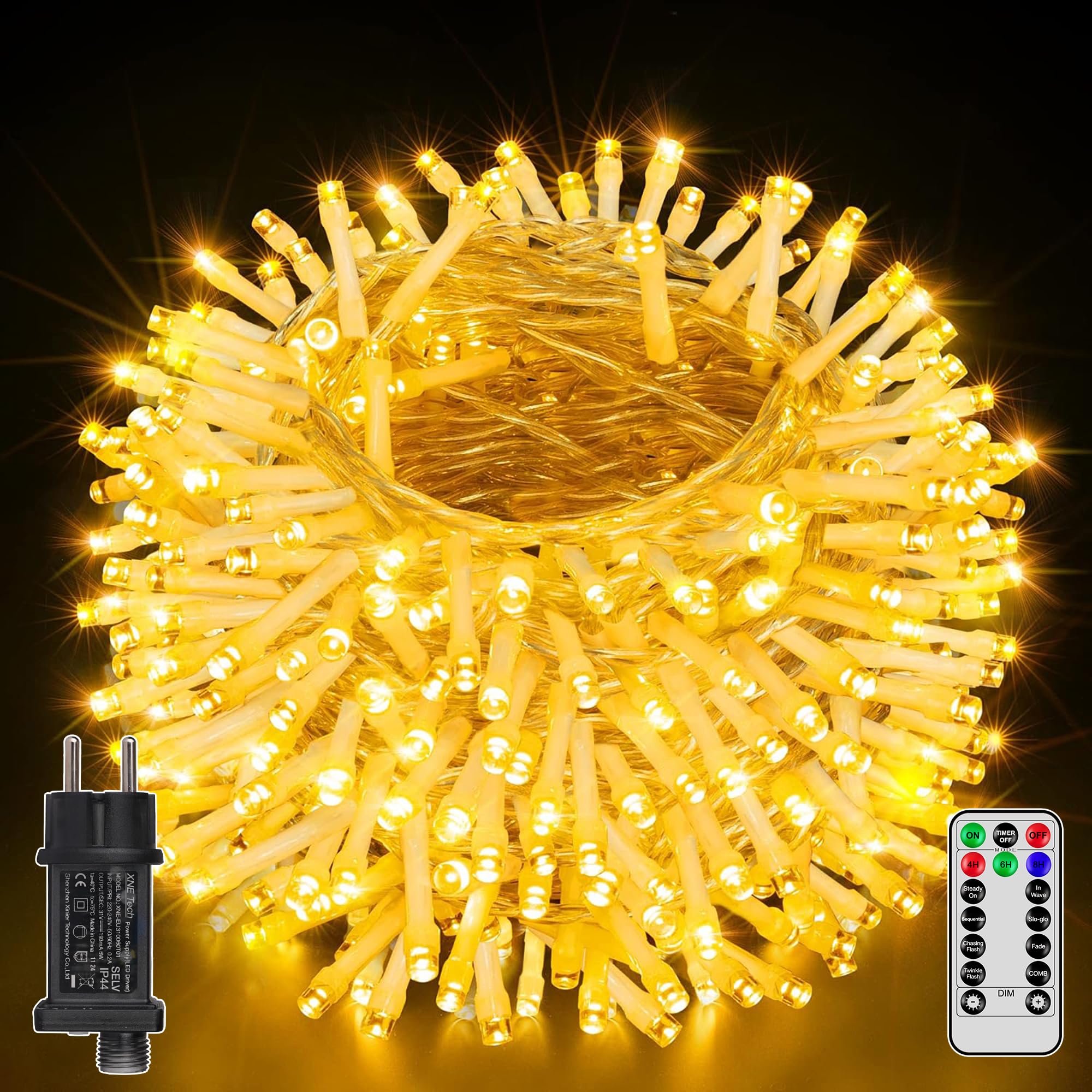 Ollny Cadena de luces para exteriores, 60 m, 600 LED, cadena de luces con mando a distancia, 8 modos, temporizador, IP44, impermeable, cadena de luces para exteriores, para fiestas, bodas, Pascua