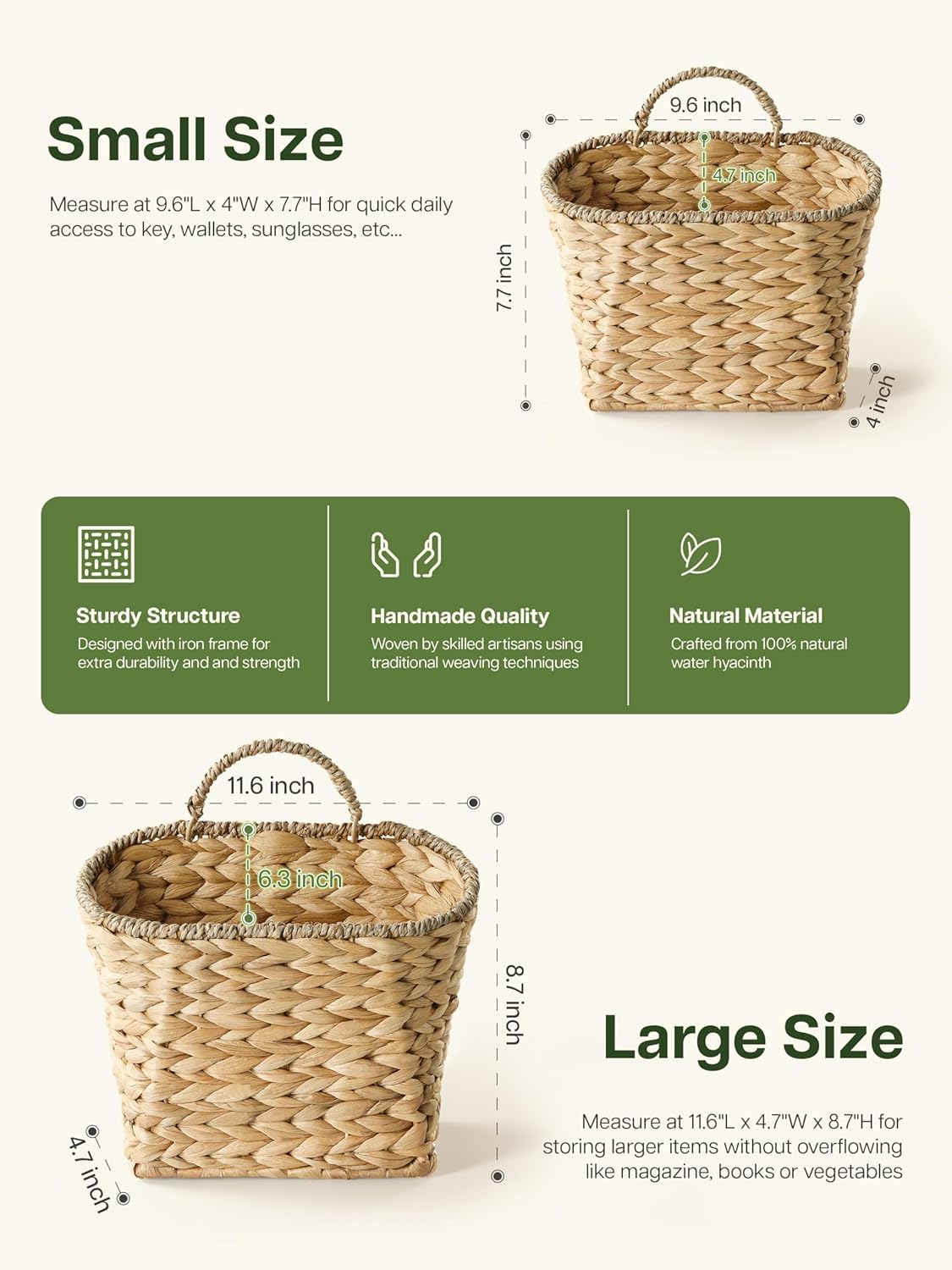 TIDITA Set of 2 Wicker Wall Baskets, Woven Hanging Basket - Water Hyacinth Hanging Baskets for Organizing - 2PCS Wall Basket Decor with Handle - Wall Hanging Baskets for Flowers, Decor, Vegetables