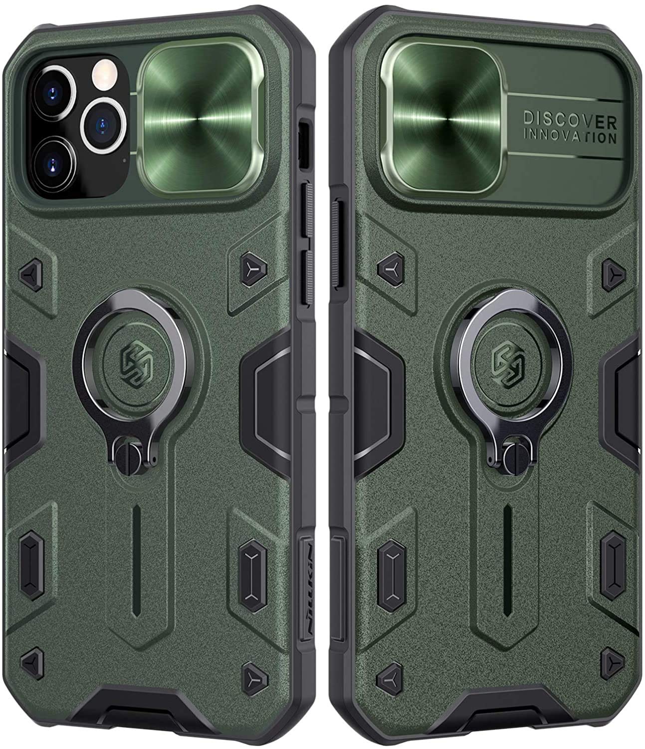 Nillkin Case Compatible with iPhone 12/12 Pro 6.1 Inch - Military Case with 360° Stand Ring Stand and Sliding Camera Cover, Impact-Resistant PC and TPU Bumpers CamShield Armor Case, Green